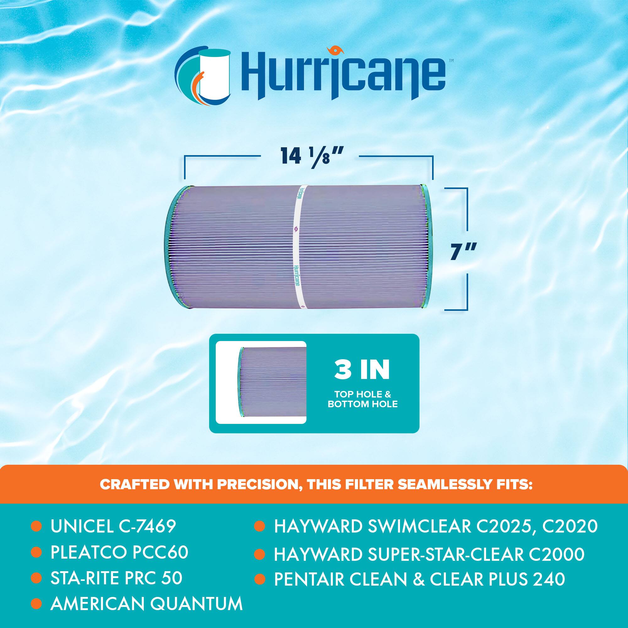 Hurricane

14 1/8"  
7"  
3 IN TOP HOLE & BOTTOM HOLE

CRAFTED WITH PRECISION, THIS FILTER SEAMLESSLY FITS:

- UNICEL C-7469
- PLEATCO PCC60
- STA-RITE PRC 50
- AMERICAN QUANTUM
- HAYWARD SWIMCLEAR C2025, C2020
- HAYWARD SUPER-STAR-CLEAR C2000
- PENTAIR CLEAN & CLEAR PLUS 240