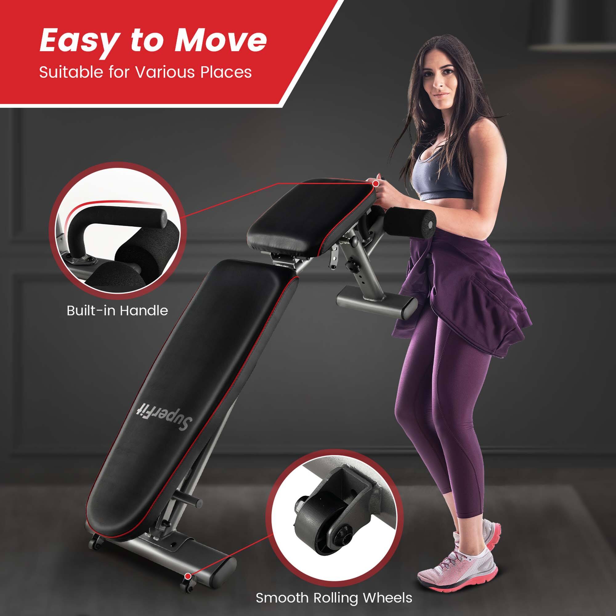 The text on the image is grouped and corrected as follows:

"Easy to Move Suitable for Various Places Built-in Handle SuperFit Smooth Rolling Wheels"