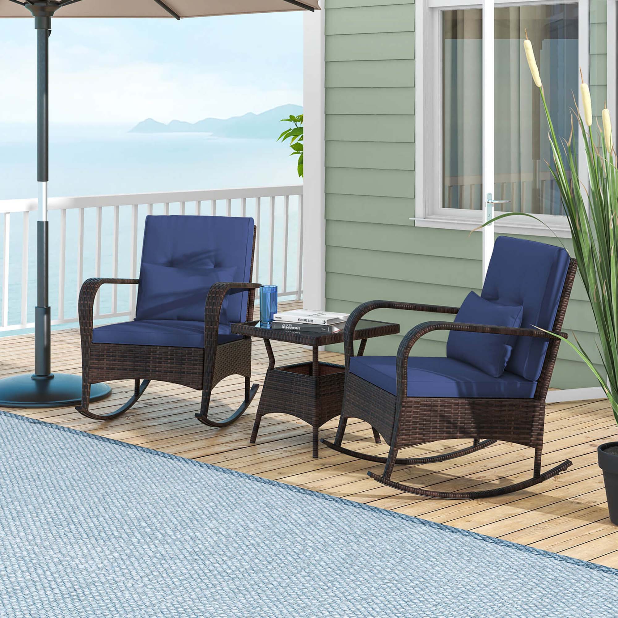 Alt View 4. Costway - Costway 3 PCS Rocking Bistro Set with Removable Cushions & Tempered Glass Top Coffee Table - Navy.