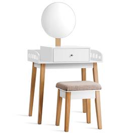 Gymax - Makeup Dressing Table Stool Wooden Vanity Set w/ Round Mirror Drawer - White