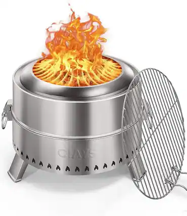 Front. Ciays - 21” Smokeless Portable Fire Pit for Outside Use with Stainless Steel Grill Rack, Fire Poker, Wood Burning, & Storage Bag - Silver.