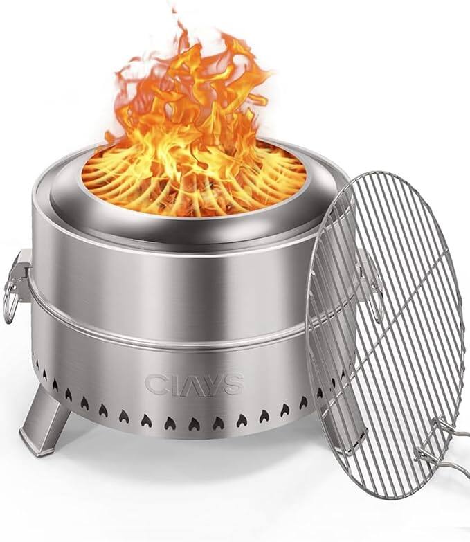 Front. Ciays - 21” Smokeless Portable Fire Pit for Outside Use with Stainless Steel Grill Rack, Fire Poker, Wood Burning, & Storage Bag - Silver.