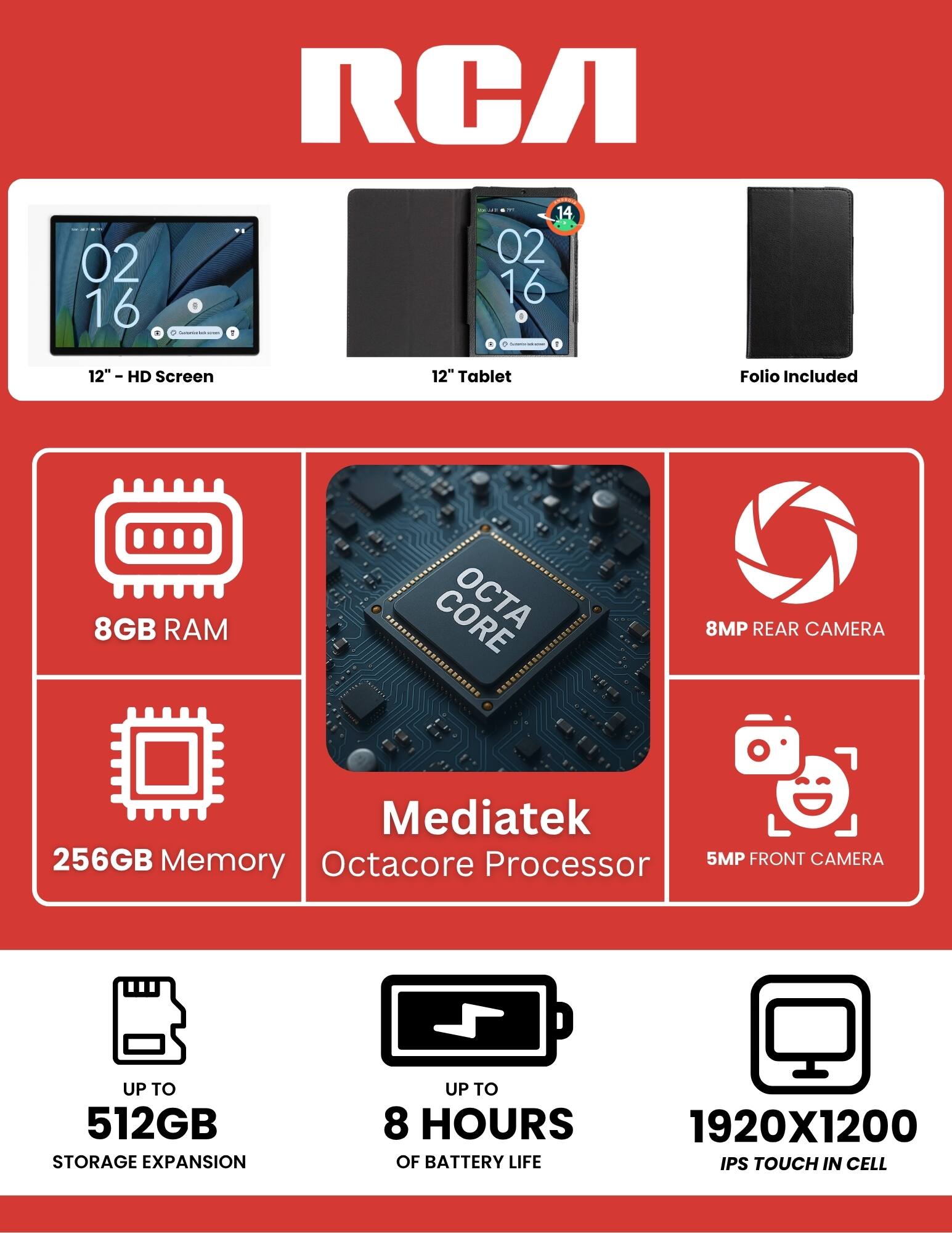 RCA 02 16 . 1 14 02 16 1 . - 12" HD Screen 12" Tablet Folio Included 8GB RAM 8MP REAR CAMERA Mediatek 256GB Memory Octacore Processor 5MP FRONT CAMERA UP TO 512GB STORAGE EXPANSION UP TO 8 HOURS OF BATTERY LIFE 1920X1200 IPS TOUCH IN CELL