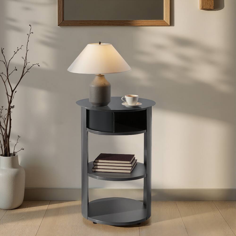 Angle. Loheer - Loheer Round Side Table 3-Tier Metal End Table with Sliding Door Cabinet Matte Black Nightstand for Small Spaces - Black.