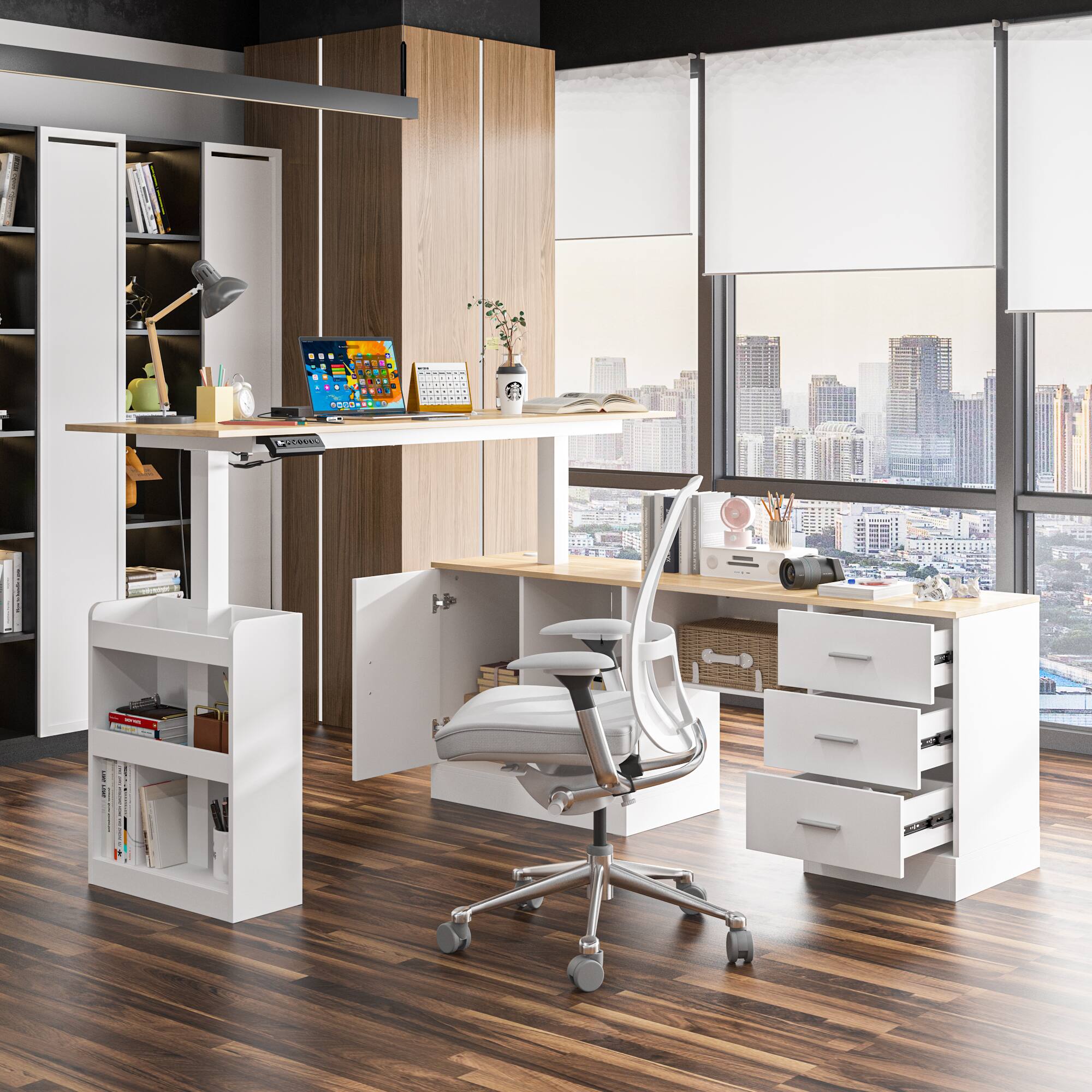 Back. Famapy - Famapy Electric Standing Desk: Adjustable Height, Ergonomic Design for Home & Office - White & Wooden.