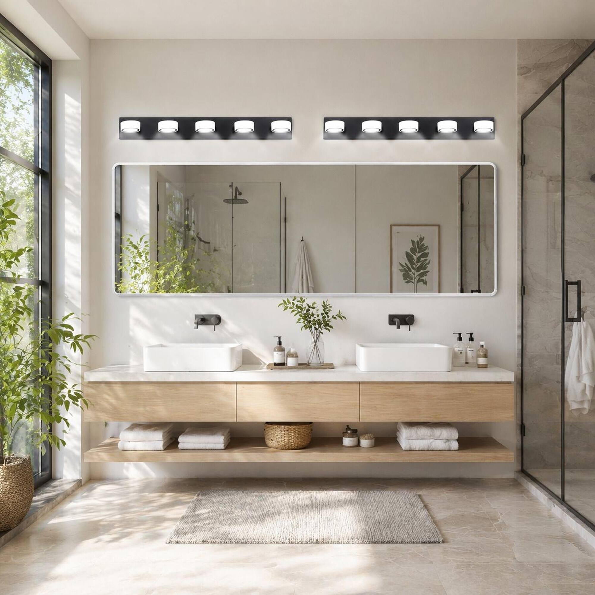 Left. RYHNUYNE - 37 " LED Bathroom Vanity Light,5‑Light Modern Wall Lighting Fixture with Round Acrylic Shade for Bathroom Mirror - Black.