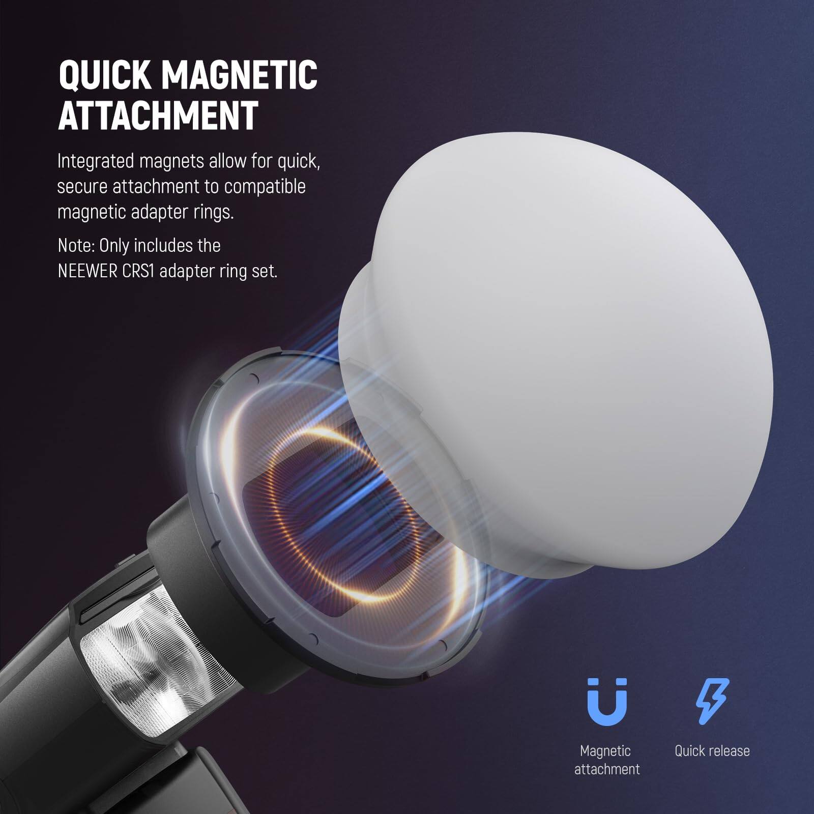 QUICK MAGNETIC ATTACHMENT

Integrated magnets allow for quick, secure attachment to compatible magnetic adapter rings.

Note: Only includes the NEEWER CRS1 adapter ring set.

Magnetic attachment  
Quick release