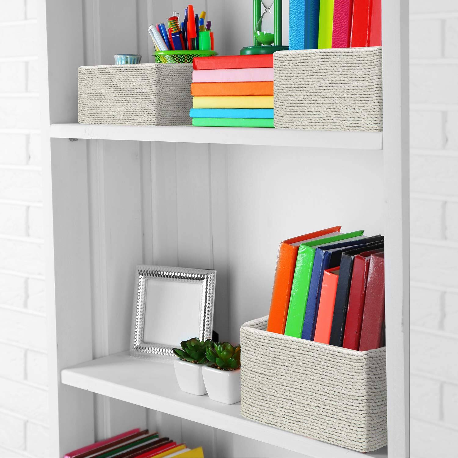 Left. Sorbus - Sorbus Storage Baskets 4-Piece Set - Stackable Woven Basket Paper Rope Bin Boxes for Makeup, Office Supplies - Beige.