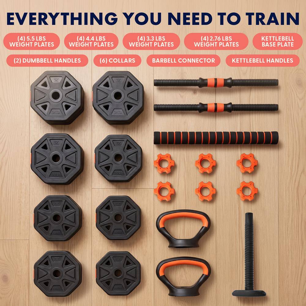 EVERYTHING YOU NEED TO TRAIN

(4) 5.5 LBS WEIGHT PLATES  
(4) 4.4 LBS WEIGHT PLATES  
(4) 3.3 LBS WEIGHT PLATES  
(4) 2.76 LBS WEIGHT PLATES  
KETTLEBELL BASE PLATE  
(2) DUMBBELL HANDLES  
(6) COLLARS  
BARBELL CONNECTOR  
KETTLEBELL HANDLES