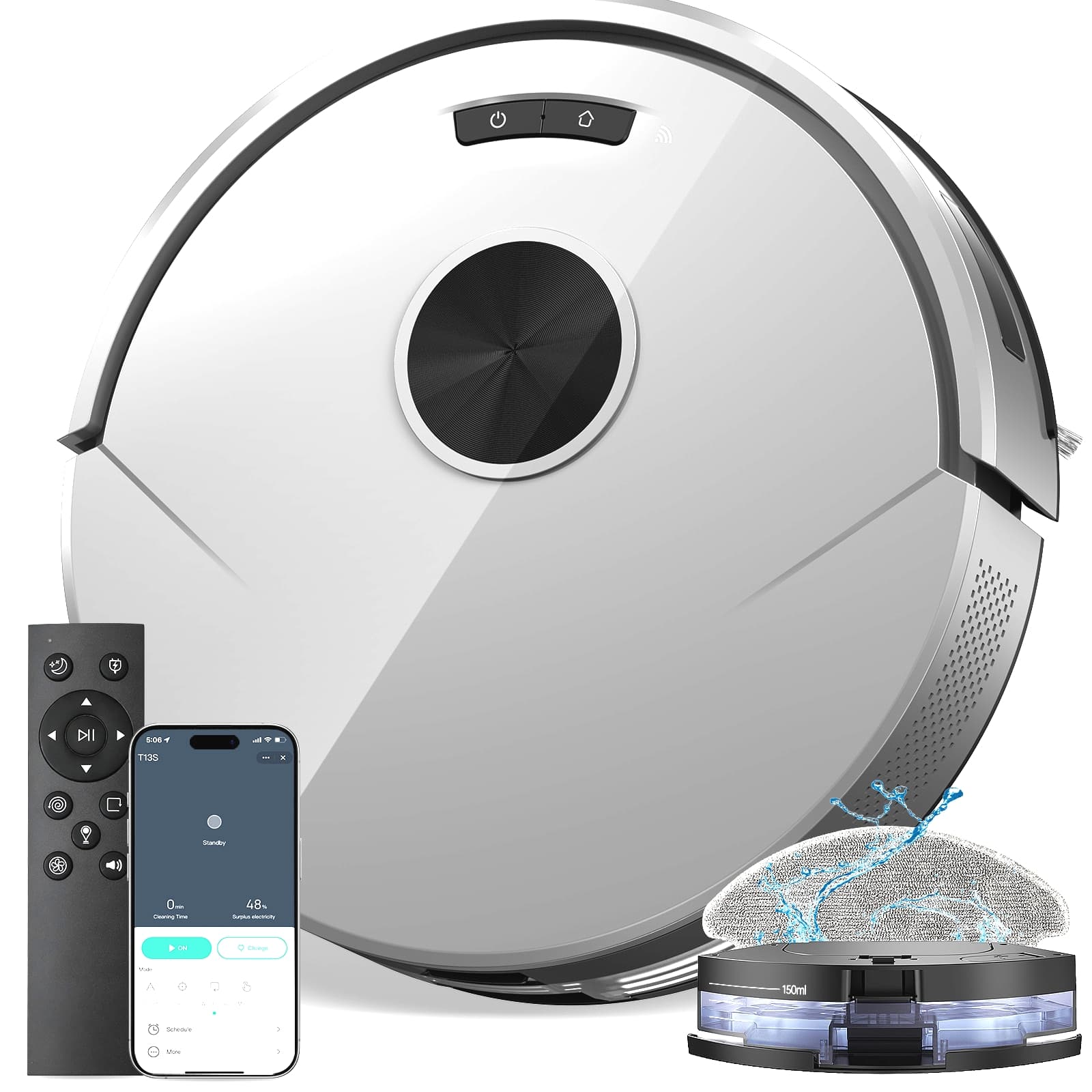 Teendow - Robot Vacuum and Mop, Vacuum Cleaner with APP/Remote for Pet Hair, Self-Charging, 4 Cleaning Modes - White