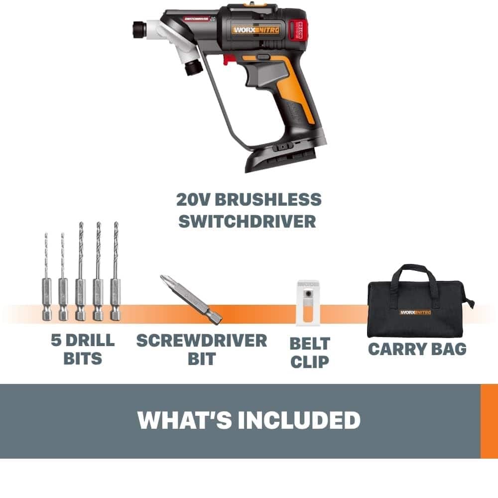 The image features a Workinitio 20V Brushless Switchdriver, which is a versatile tool that includes a 5-drill screwdriver, belt, bits, bit clip, and carry bag. The tool is designed for various tasks, such as drilling, screwdriving, and fastening. The image also shows a list of what's included with the tool, which is displayed in a clear and organized manner.