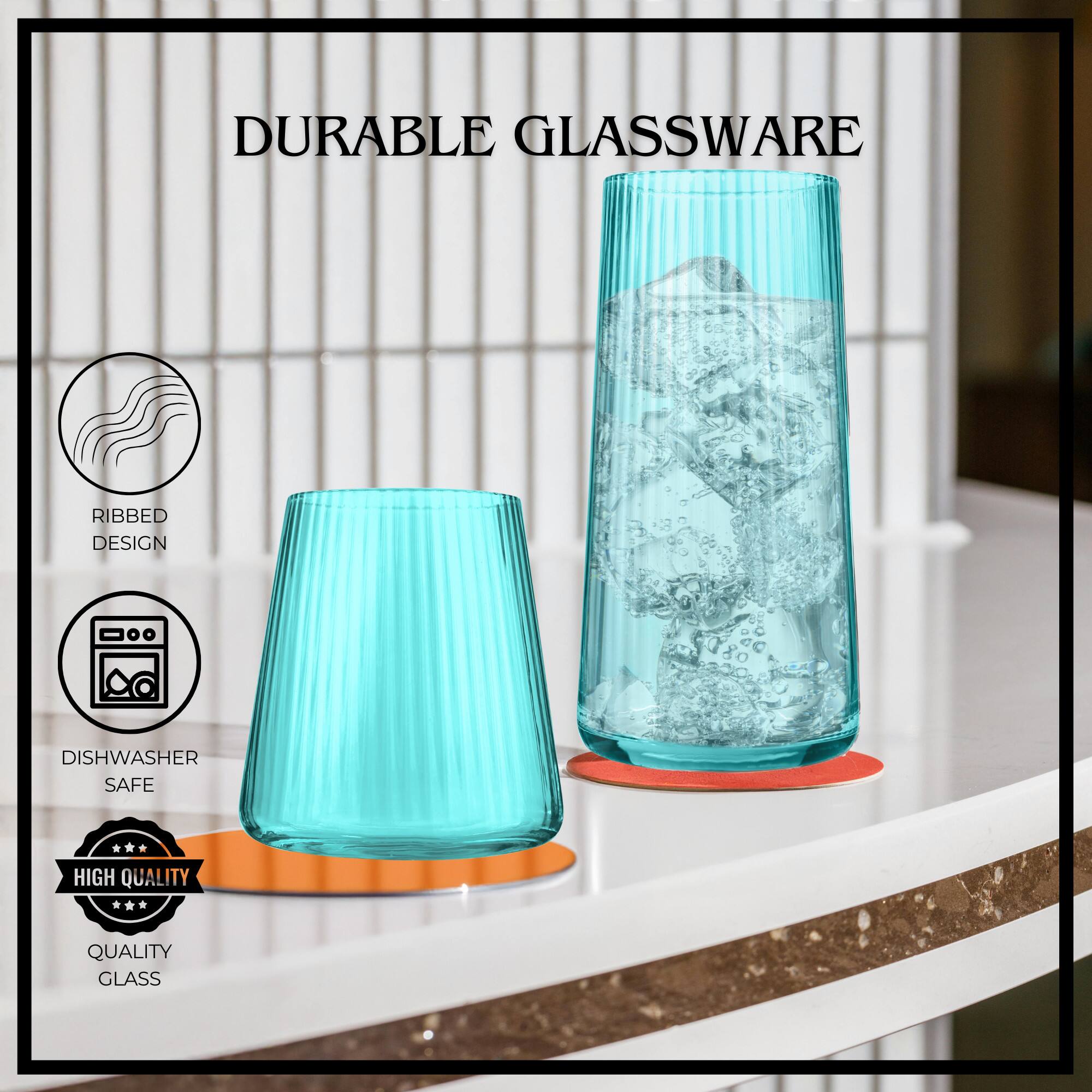 DURABLE GLASSWARE  
RIBBED DESIGN  
DISHWASHER SAFE  
HIGH QUALITY  
QUALITY GLASS