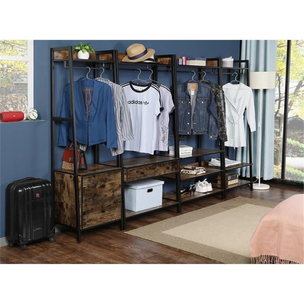 Angle. JJS - Industrial Rustic Hall Tree Shoe Bench With Storage Shelves - Rustic Brown.
