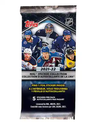 Sure, here is the corrected and grouped text from the image:
---
**Topps**
**2021-22 NHL STICKER COLLECTION**
**COLLECTION D'AUTOCOLLANTS DE LA LNH**
**FIND 1 FOIL STICKER INSIDE!**
**À L'INTÉRIEUR, VOUS TROUVEREZ 1 FEUILLE D'AUTOCOLLANTS!**
**5 STICKERS PER PACK**
**5 AUTOCOLLANTS PAR PAQUET**
**Licensed by NHL, NHLPA, 2021.**
**Concéder sous licence par LNH, AJLNH, 2021.**
---
This text is organized to reflect the information on the packaging accurately.