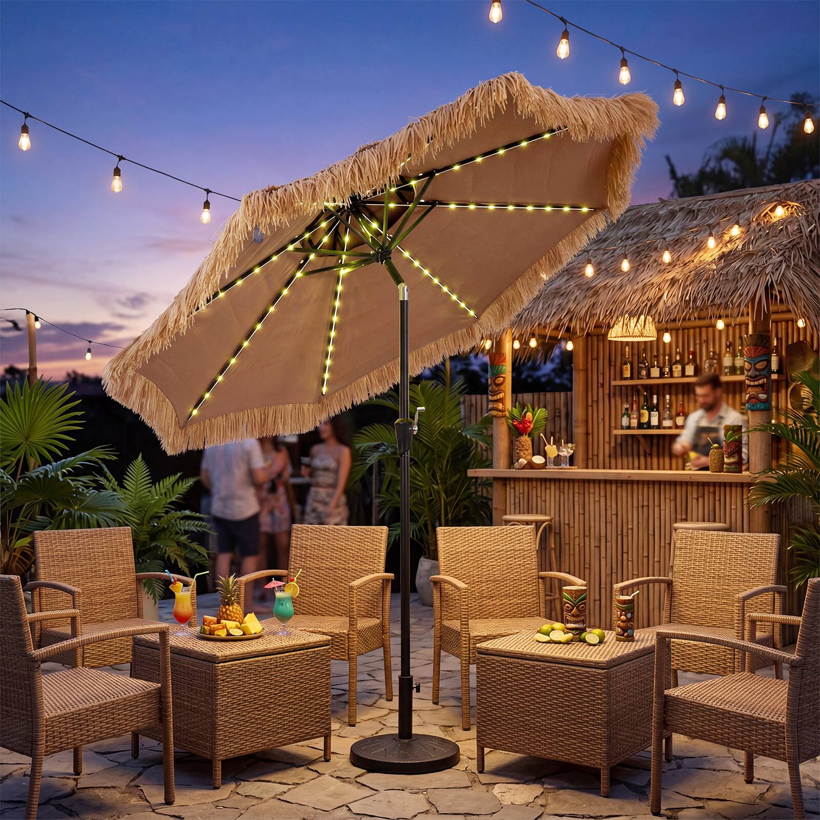 Alt View 4. Costway - Costway 9 FT Solar Thatched Tiki Umbrella with/without 96 Multi-colored Flowing Lights, 12 Modes - Natural+Black.