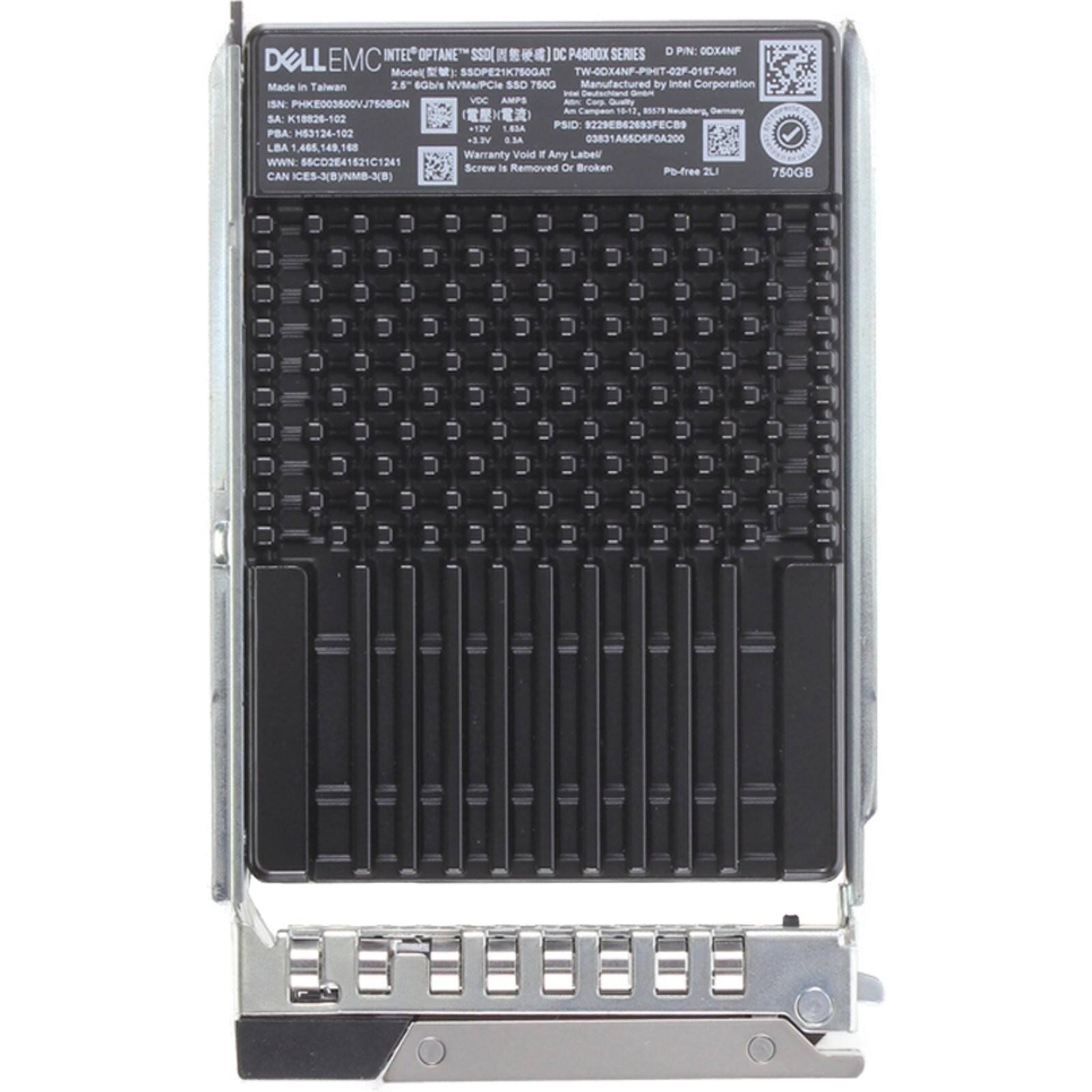 DELL EMC  
INTEL OPTANE™ SSD DC P4800X SERIES  
Model: SSOPE21K750GAT  
Made in Taiwan  
2.8" NVMe/PCIe SSD  
750GB  
Manufactured by Intel Corporation  
ISN: PHKE003600VJ750BGN  
VDC AMPS  
Corp Quality  
Am Campeon  
16-12  
87 d Dermany  
SA: K18826-102  
n ESA  
PSID: 229EB42493FECB9  
PBA: H53124-102  
LBA: 485_1-48,168  
Warranty Void  
Any Label  
WWN: SCO2841521C1241  
Screw Is Removed Or Broken  
Po-free  
2U  
CAN ICES-3(B)NMB-3(B)  
750GB  

DC P4800X SERIES  
D PIN: OOXANF  
TW-OOXANF-PHT-02-018