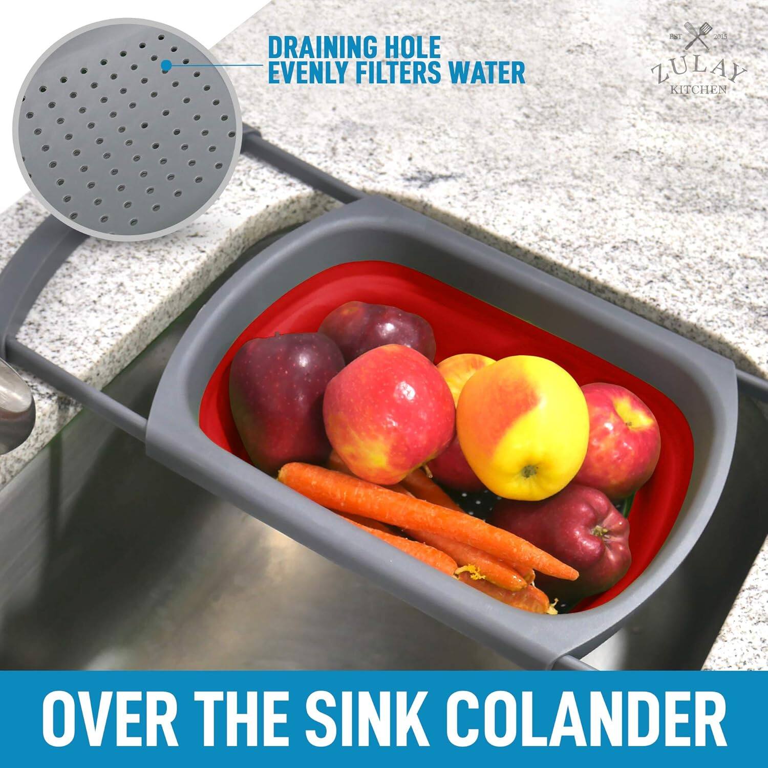 DRAINING HOLE EVENLY FILTERS WATER

OVER THE SINK COLANDER

ZULAP KITCHEN