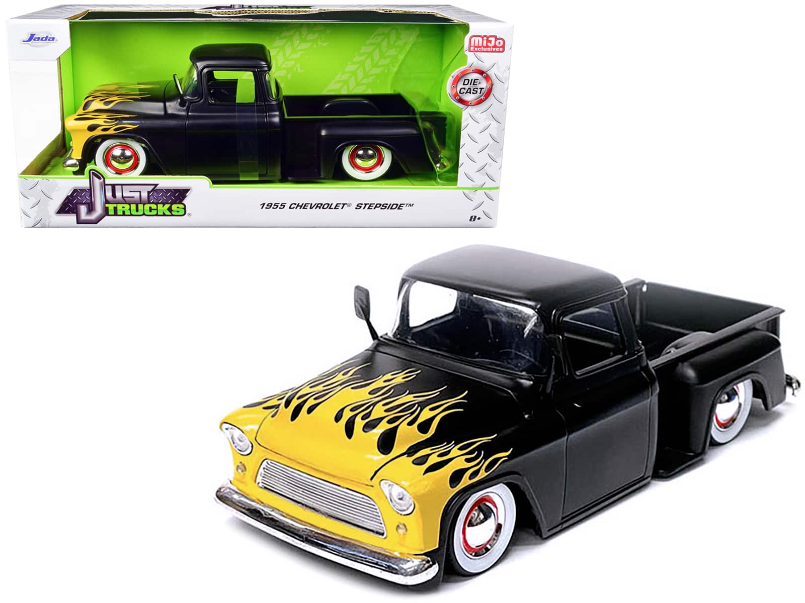 "1955 Chevrolet Stepside Pickup Truck Matt Black with Yellow Flames ""Just Trucks"" Series 1/24 Diecast Model Car by Jada" price history on PriceWatchPro