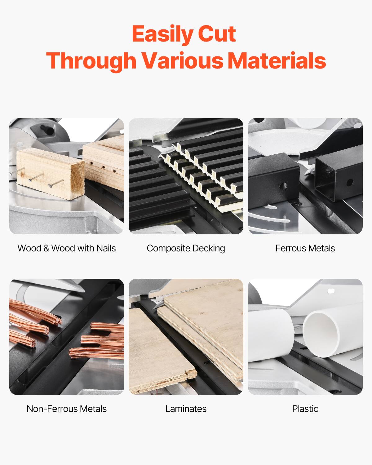 Easily Cut Through Various Materials

- Wood & Wood with Nails
- Composite Decking
- Ferrous Metals
- Non-Ferrous Metals
- Laminates
- Plastic