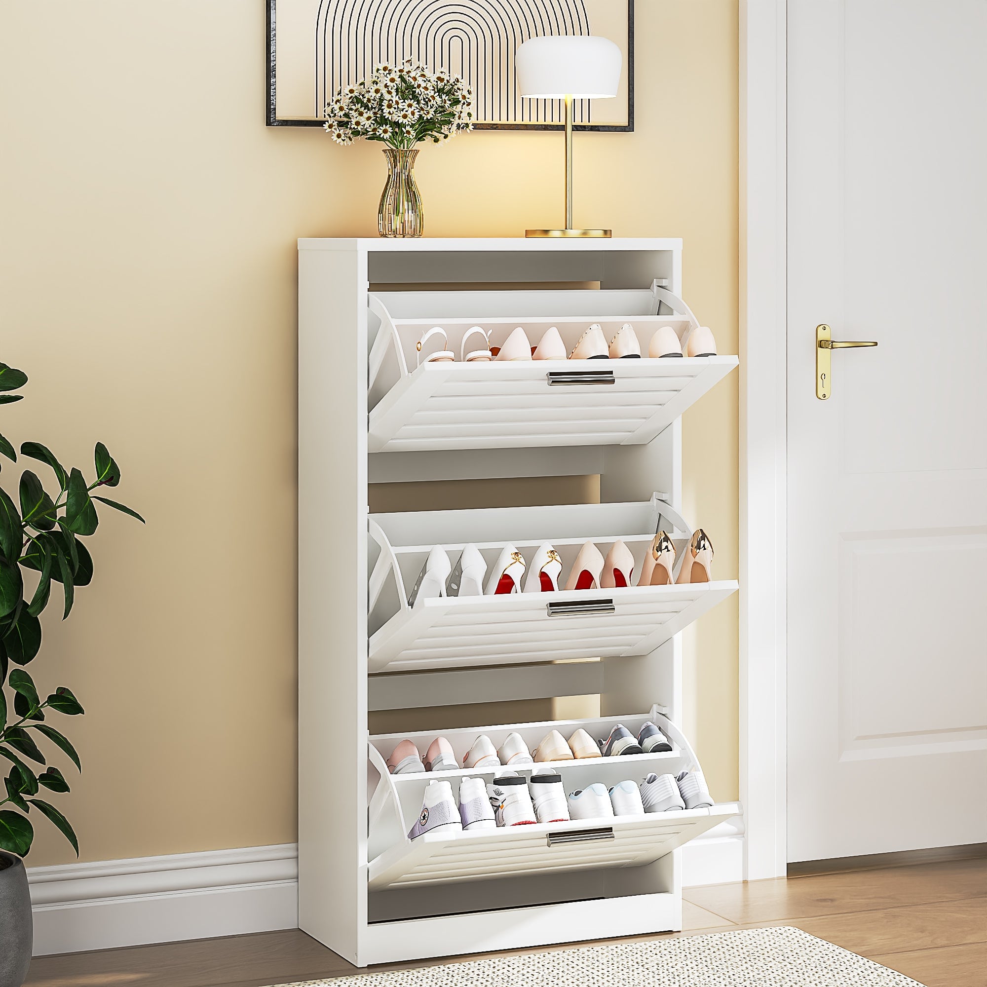 Vecelo - Slim Entryway Shoe Cabinet with 3 Flip Drawers, Narrow Shoe Storage Cabinet for Hallway, Modern Design - White