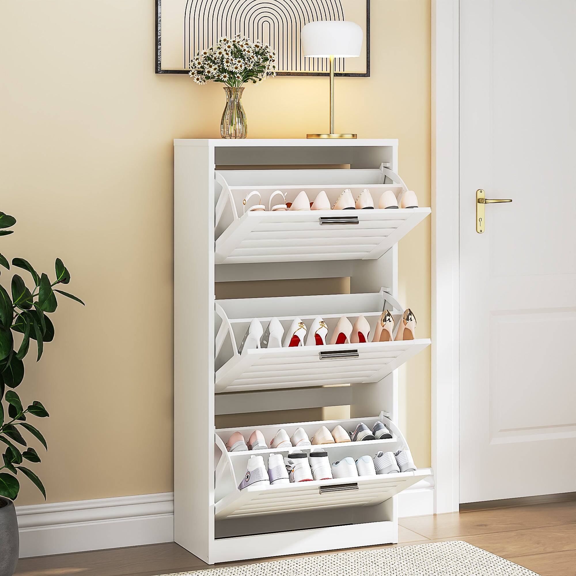 Front. Vecelo - Slim Entryway Shoe Cabinet with 3 Flip Drawers, Narrow Shoe Storage Cabinet for Hallway, Modern Design - White.