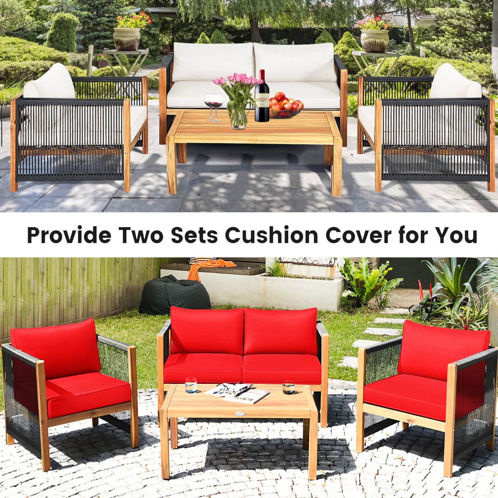 Alt View 9. Costway - Costway 4 PCS Wood Outdoor Patio Furniture Set with Cushions White Red Cushion Cover Sets - Red.