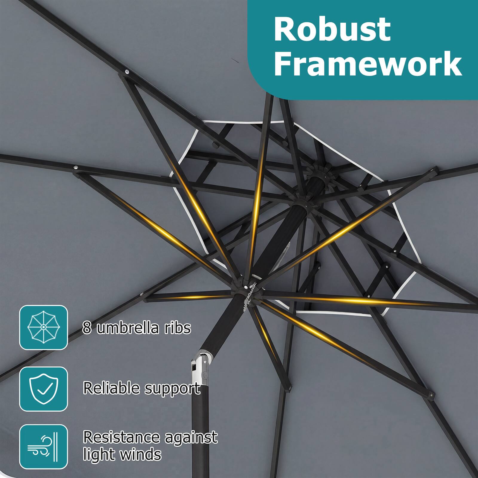 Robust Framework

- 8 umbrella ribs
- Reliable support
- Resistance against light winds