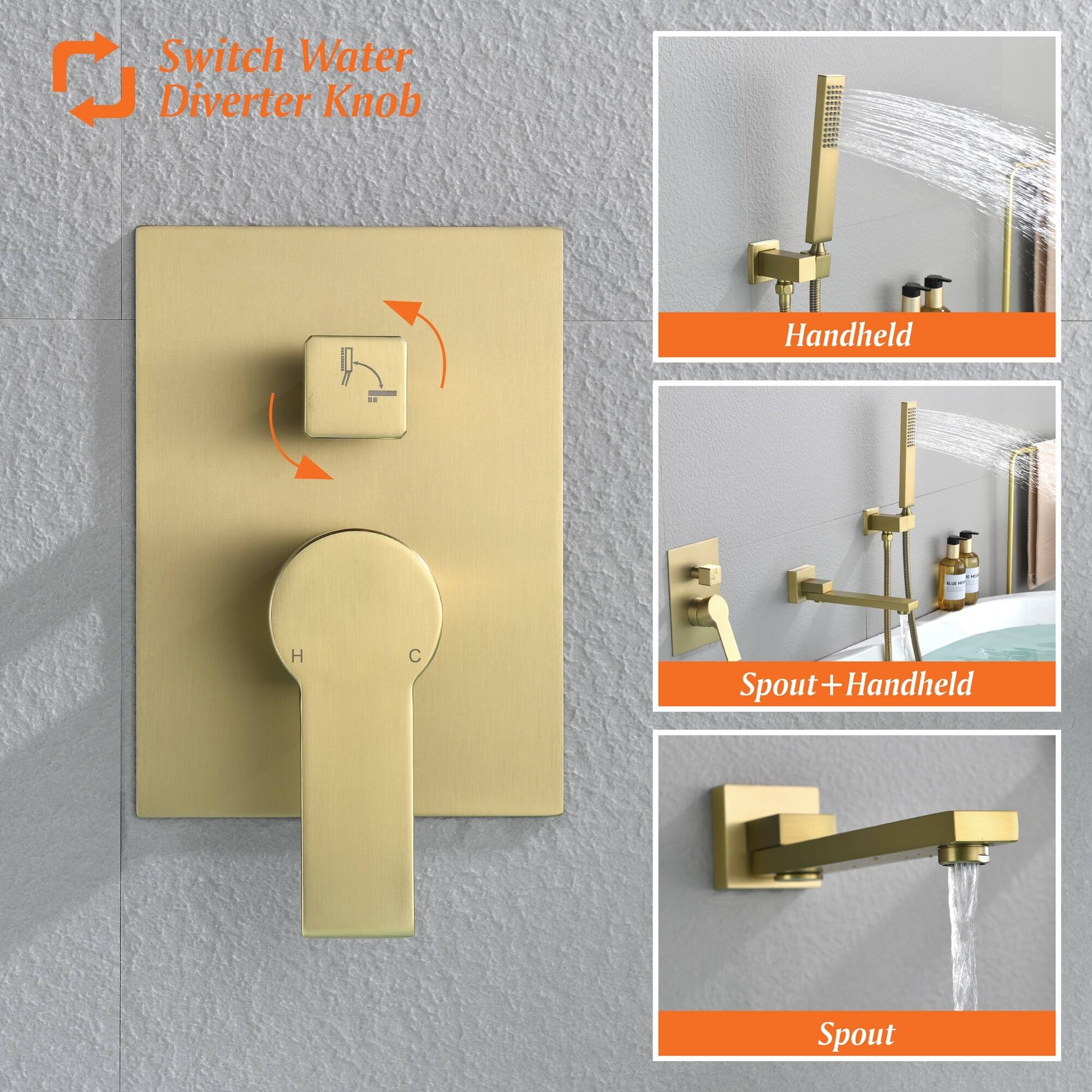 Switch Water Diverter Knob  
Handheld  
Spout + Handheld  
Spout