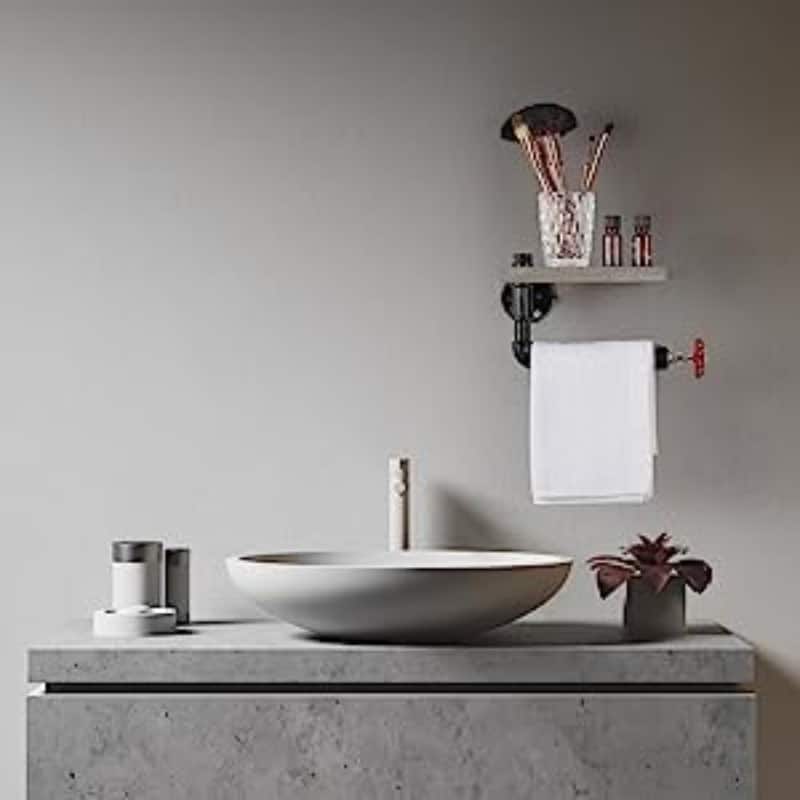 Oumilen - 2-Piece Industrial Pipe Wall Mounted Shelf, Wood Floating Shelf with Towel Bar & Red Valve Handle, Grey Wood Finish