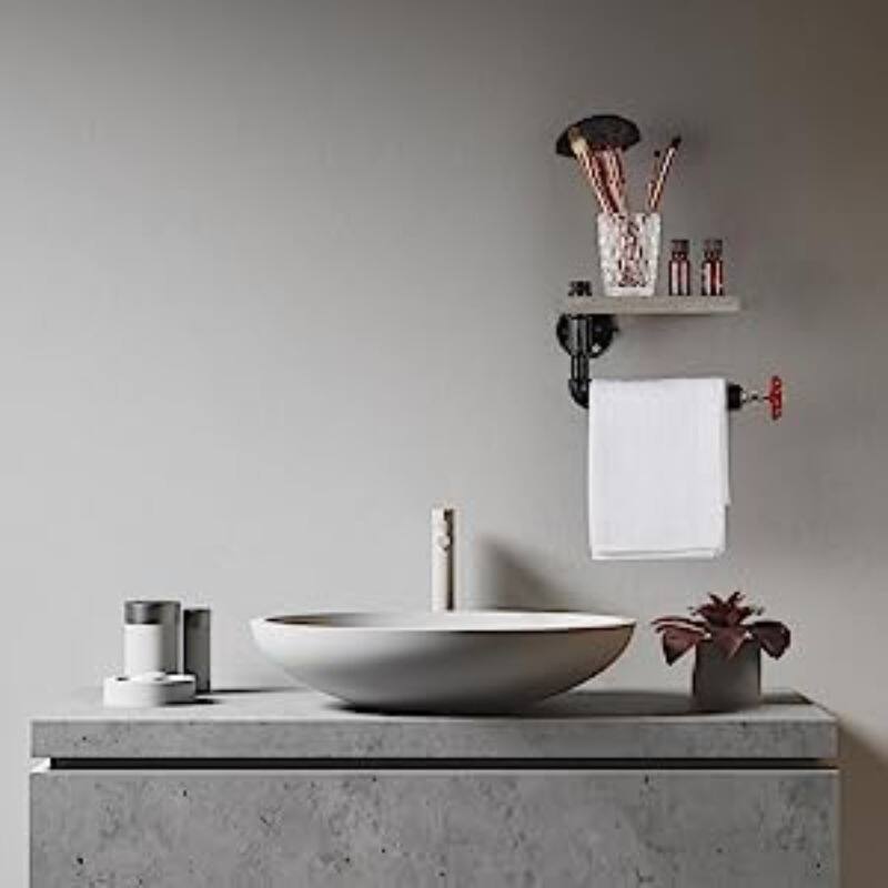 Front. Oumilen - 2-Piece Industrial Pipe Wall Mounted Shelf, Wood Floating Shelf with Towel Bar & Red Valve Handle, Grey Wood Finish.