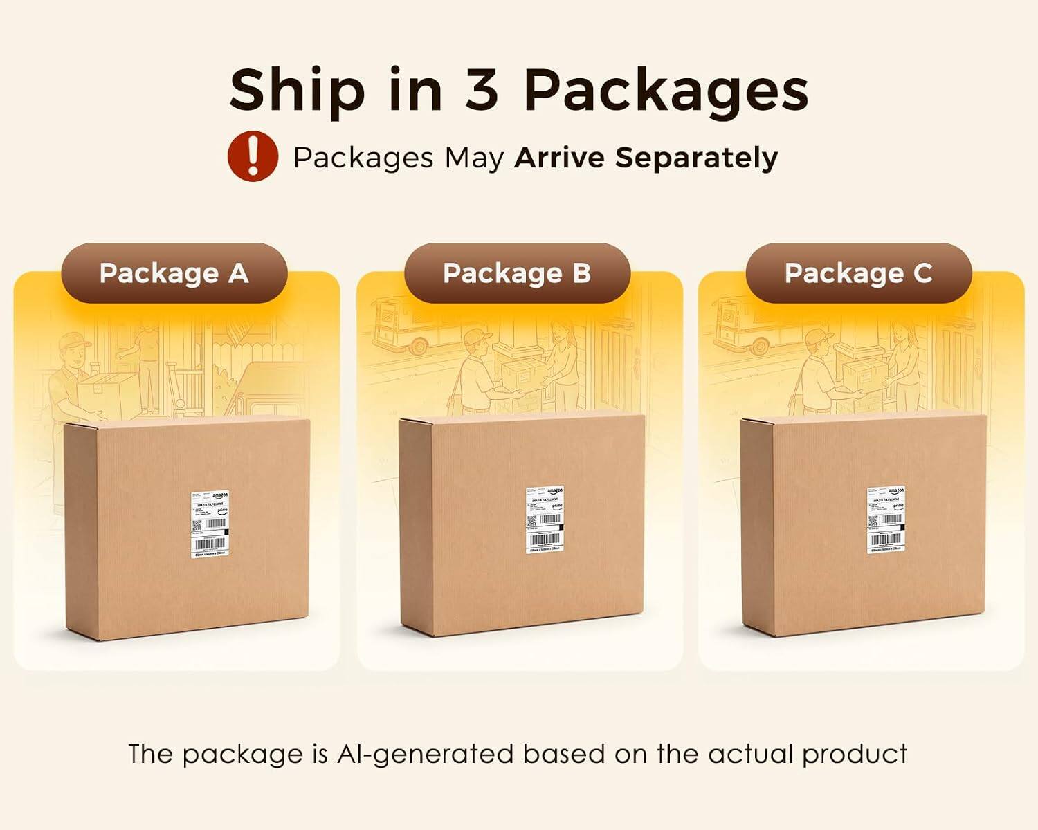 Ship in 3 Packages! Packages May Arrive Separately

Package A
Package B
Package C

The package is AI-generated based on the actual product