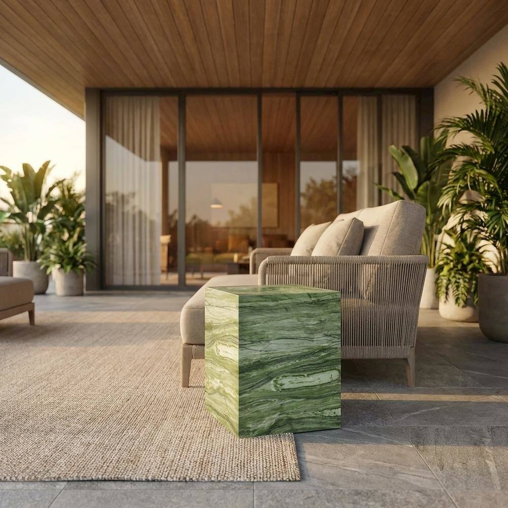 Angle. Outdoor Escape - Concrete outdoor side table with modern design and versatile use - Green.