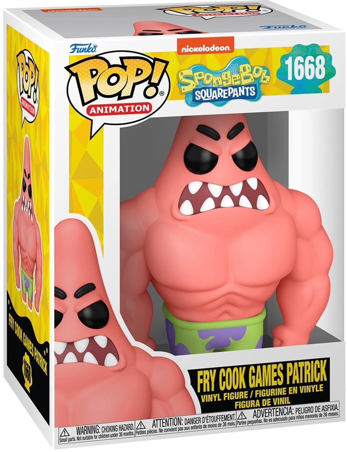 Sure, here is the corrected and grouped text from the image:

---

**Top Left:**
- Funko POP! Animation

**Top Center:**
- Nickelodeon
- SpongeBob SquarePants
- 1668

**Center:**
- FRY COOK GAMES PATRICK

**Bottom:**
- VINYL FIGURE / FIGURINE EN VINYLE / FIGURA DE VINIL
- WARNING: CHOKING HAZARD. Small parts. Not suitable for children under 36 months.
- ATTENTION: DANGER D'ÉTOUFFEMENT. Petites pièces. Ne convient pas aux enfants de moins de 36 mois.
- ADVERTENCIA: PELIGRO DE ASFIXIA. Partes pequeñas. No es adecuado para niños menores de 36 meses.

**Bottom Left:**
- FRY COOK GAMES PATRICK

**Bottom Right:**
- Funko

---