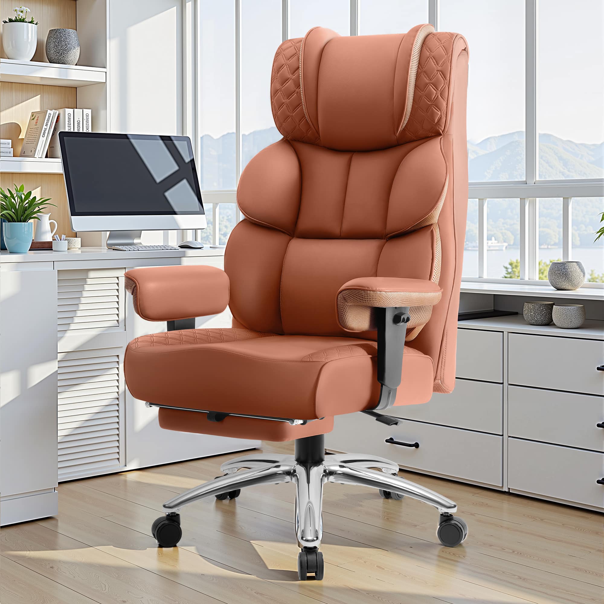Front. Brick Attic - Big and Tall Ergonomic Office Chair, Wide Executive Leather Reclining Gaming Chair with Footrest, Brown - Brown.