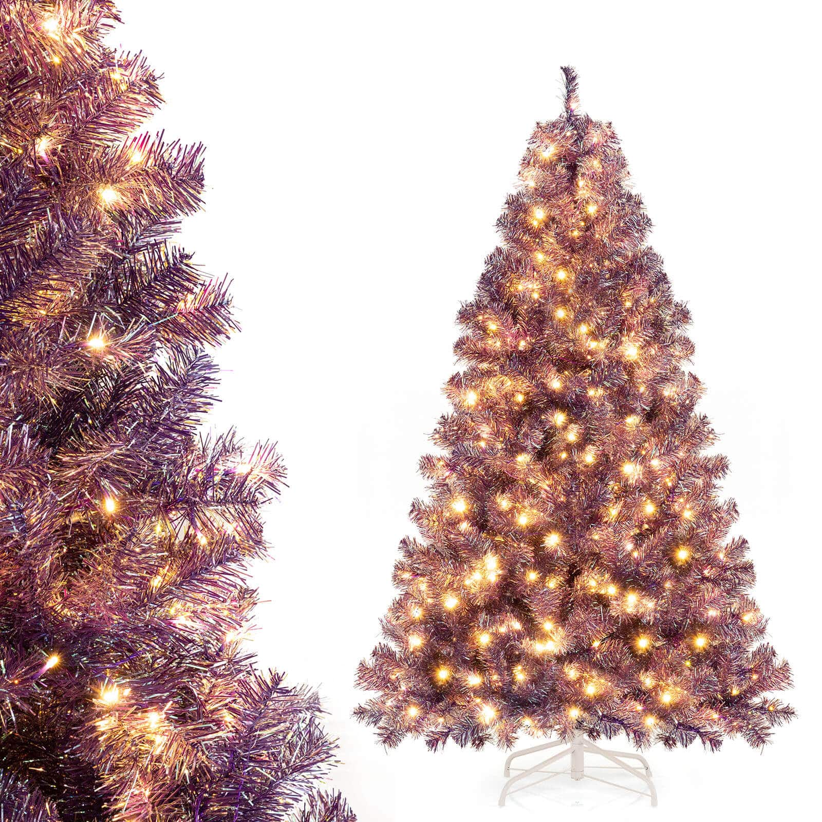 Costway - 6 FT Artificial Xmas Tree with 688 Branch Tips, 250 Warm White LED Lights 8 Modes - Deep Purple