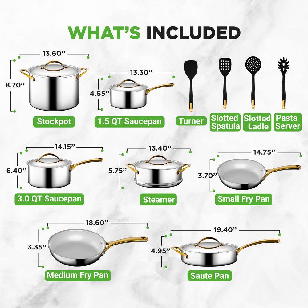 **WHAT'S INCLUDED**

- **Stockpot**
  - 13.60" (diameter)
  - 8.70" (height)

- **1.5 QT Saucepan**
  - 13.30" (diameter)
  - 4.65" (height)

- **3.0 QT Saucepan**
  - 14.15" (diameter)
  - 6.40" (height)

- **Steamer**
  - 13.40" (diameter)
  - 5.75" (height)

- **Small Fry Pan**
  - 14.75" (diameter)
  - 3.70" (height)

- **Medium Fry Pan**
  - 18.60" (diameter)
  - 3.35" (height)

- **Saute Pan**
  - 19.40" (diameter)
  - 4.95" (height)

- **Turner**
  - 14.15" (length)

- **Slotted Spatula**
  - 13.40" (length)

- **Slotted Ladle**
  - 14.75" (length)

- **Pasta Server**
  - 3.70" (length)