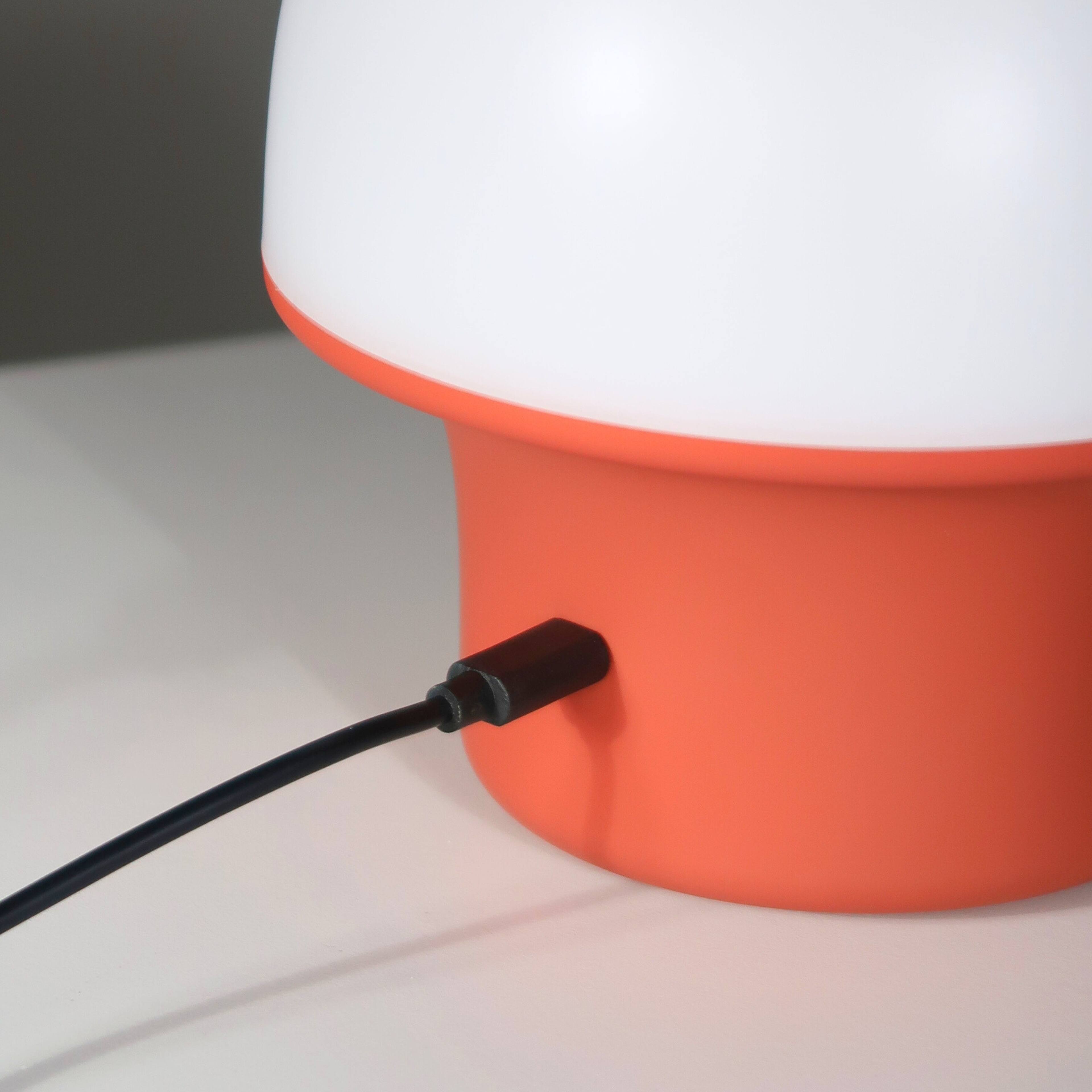 Back. Brightech - Portobello LED Modern Industrial Round Dome Dimmable Cordless Portable Indoor Outdoor Rechargeable Camping Desk Lamp - Matte Red.