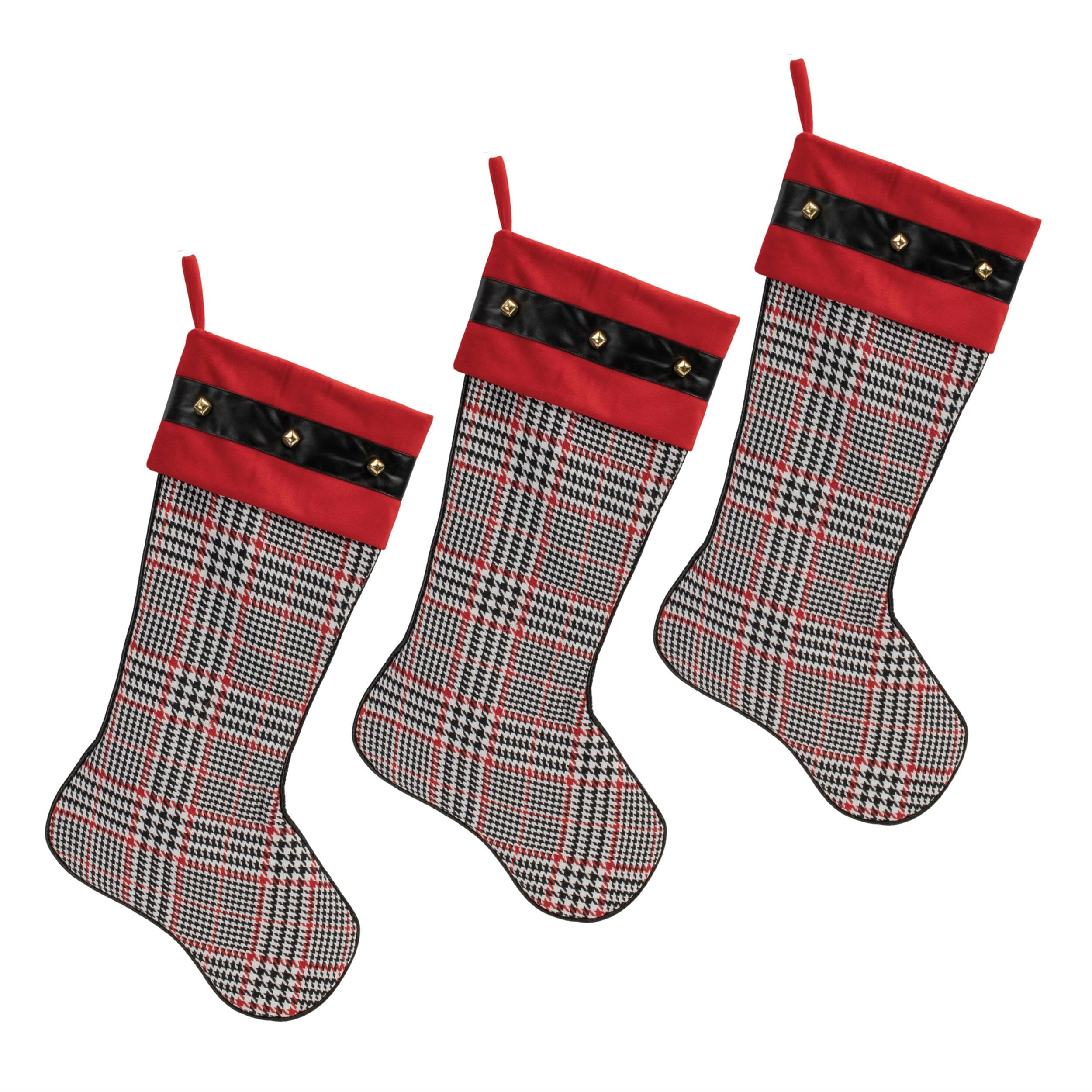 Angle. BreeBe - Houndstooth Plaid Holiday Stocking (Set of 3) - Red, Black.