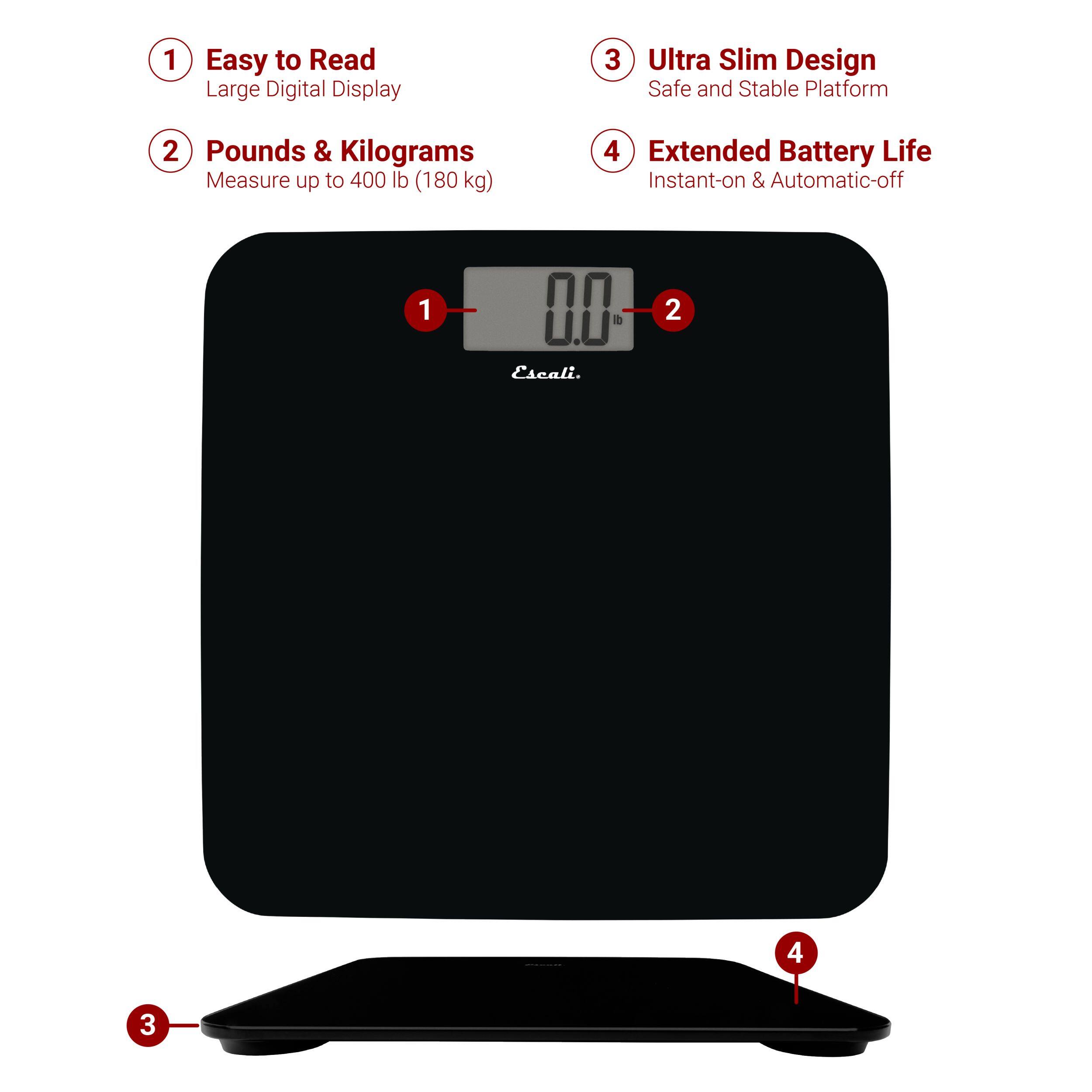 1 Easy to Read Large Digital Display
2 Pounds & Kilograms Measure up to 400 lb (180 kg)
3 Ultra Slim Design Safe and Stable Platform
4 Extended Battery Life Instant-on & Automatic-off