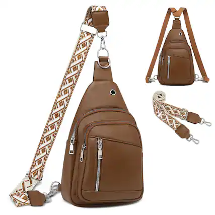 Front. Unique Bargains - Anti Theft Sling Bag 2 in 1 PU Leather 8.3" Convertible Crossbody Bags Fanny Pack Backpack with 2 Removable Straps - Brown.