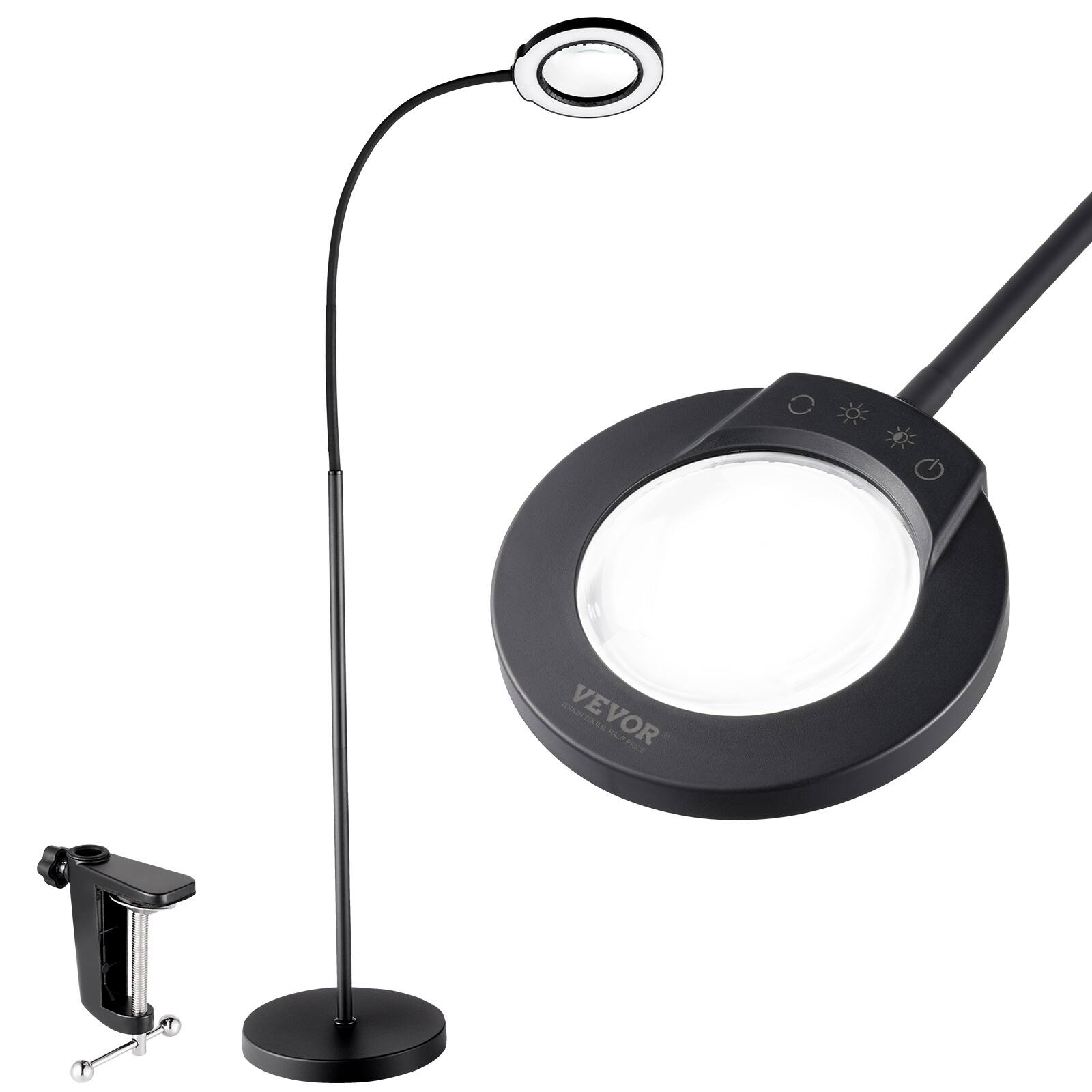 Front. VEVOR - Magnifying Floor Lamp,5X Standing Magnifying Glass with Light,Height Adjustable Floor Magnifier, 3-in-1LED 5 Color Modes - Black.