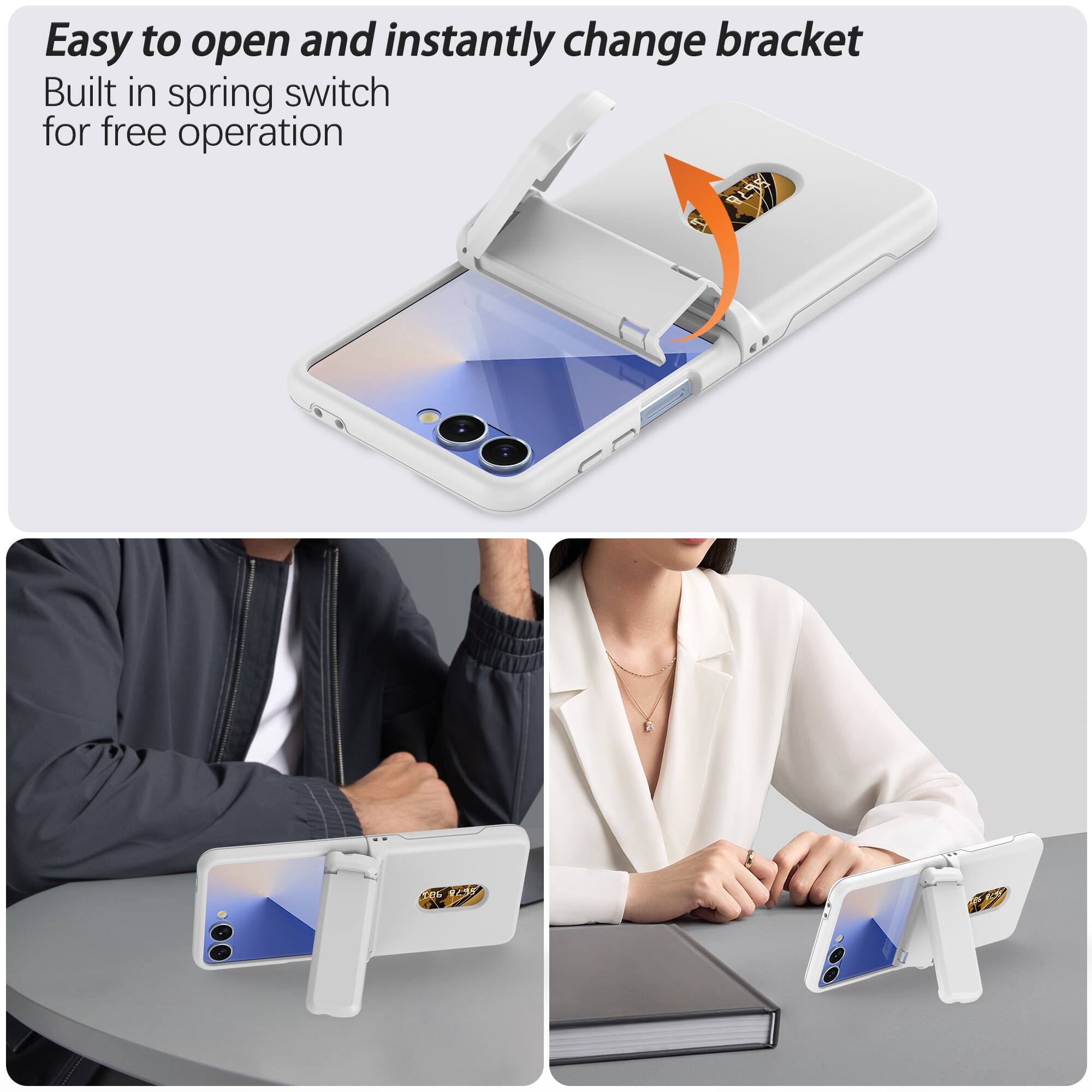 Easy to open and instantly change bracket  
Built in spring switch for free operation