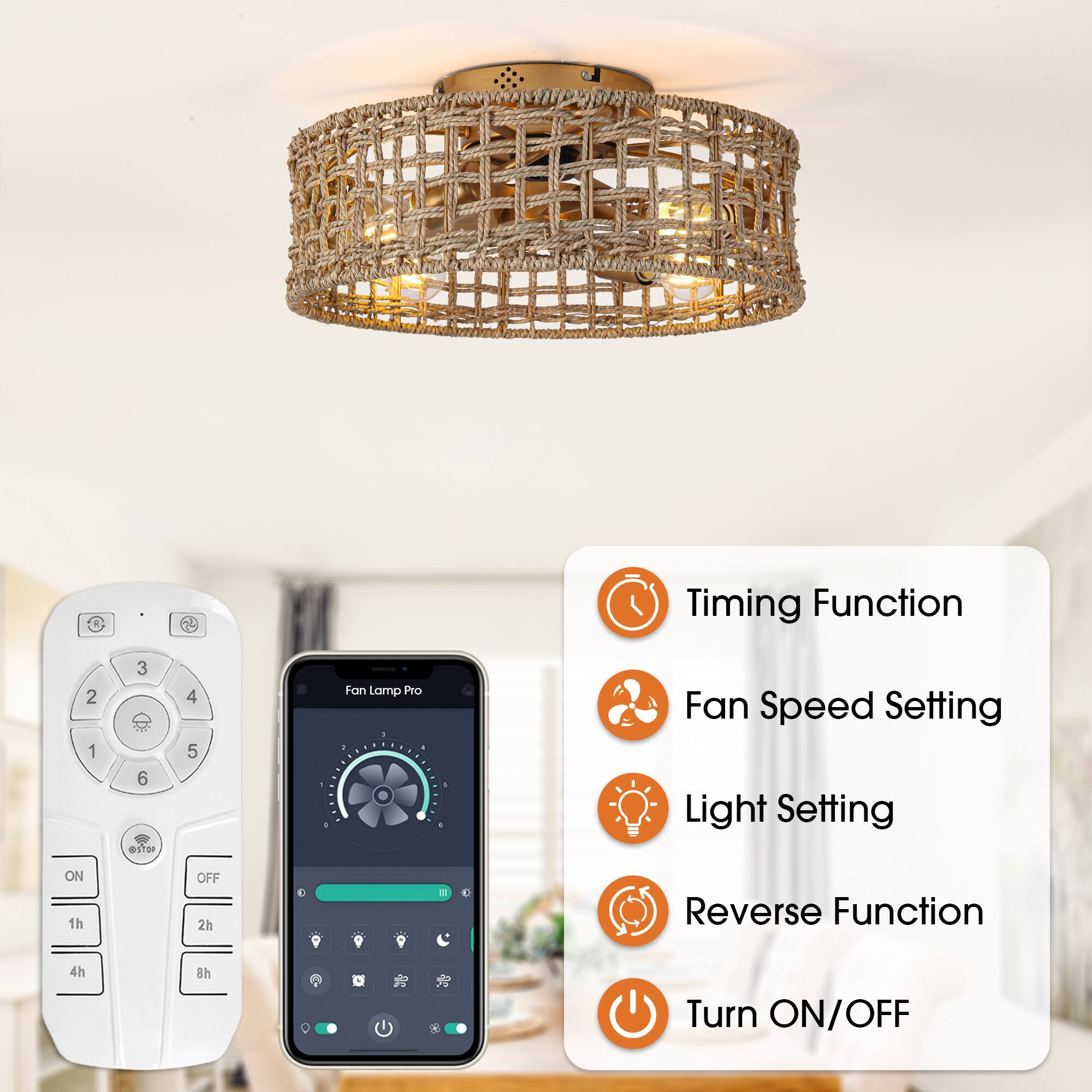 Timing Function  
Fan Speed Setting  
Light Setting  
Reverse Function  
Turn ON/OFF  

1h  
2h  
4h  
8h  

ON  
OFF