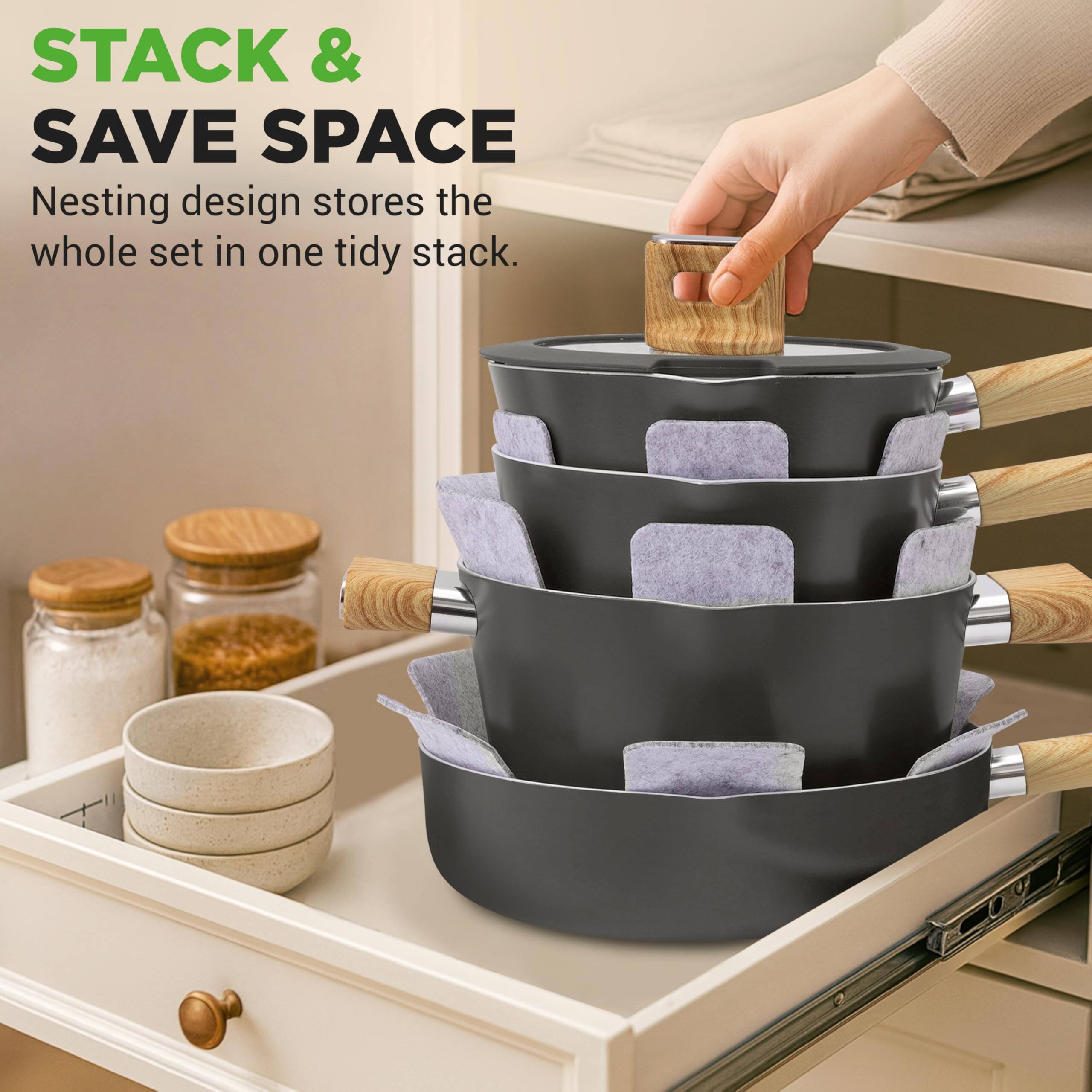 STACK & SAVE SPACE  
Nesting design stores the whole set in one tidy stack.