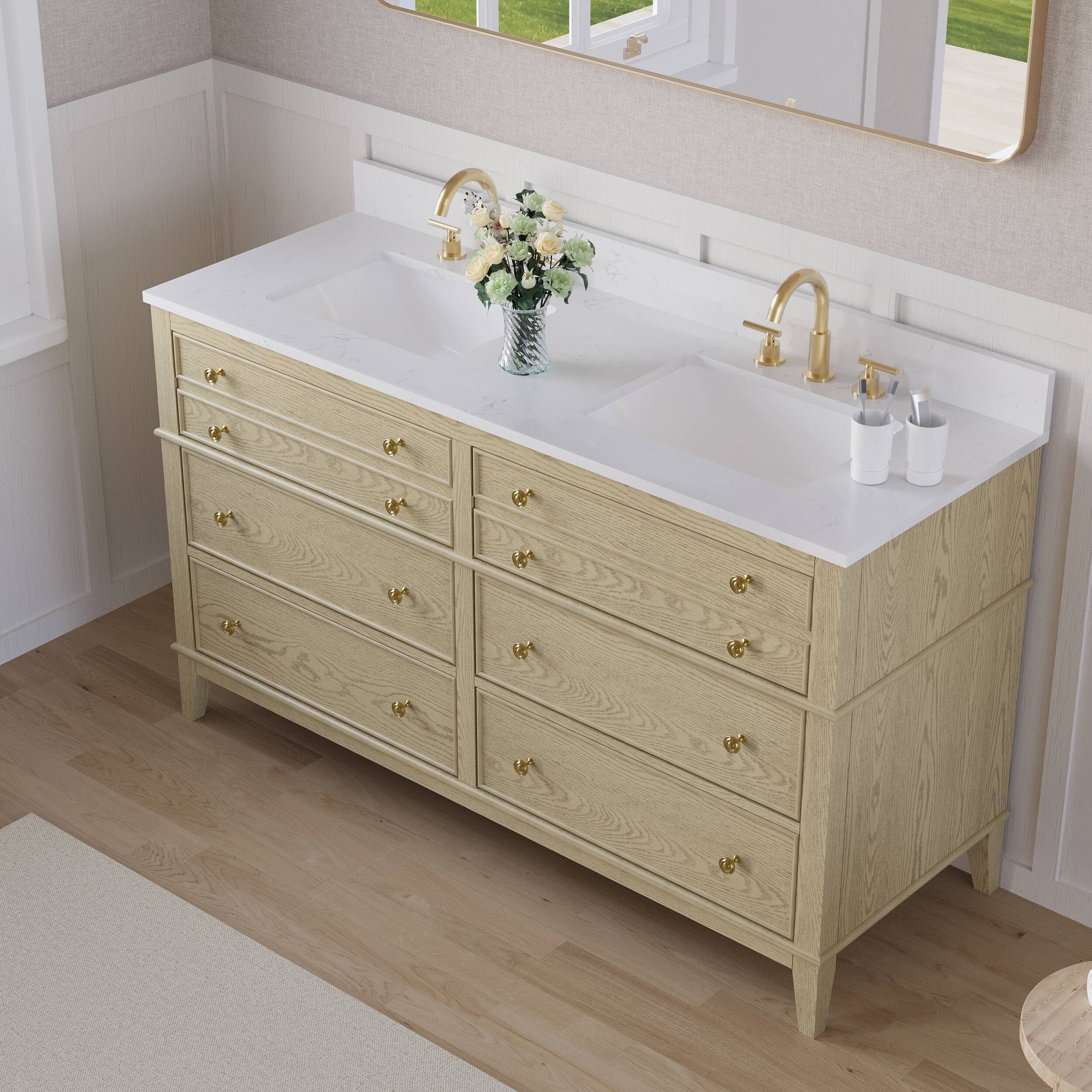 Angle. WELLFOR - MEGAN 60 in. Freestanding Solid Wood Bath Vanity with Quartz Top, Double Sink, Soft Close, Assembled - OAK.