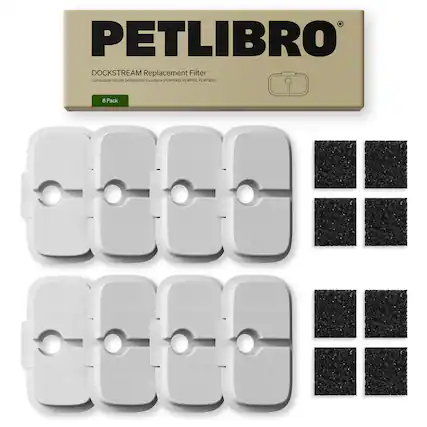 The text on the image reads "PETLIBRO DOCKSTREAM Replacement Filter Compatibile with All Dockstream Fountains PLWFOG PLWF11 PLWF-105J 8 Pack."