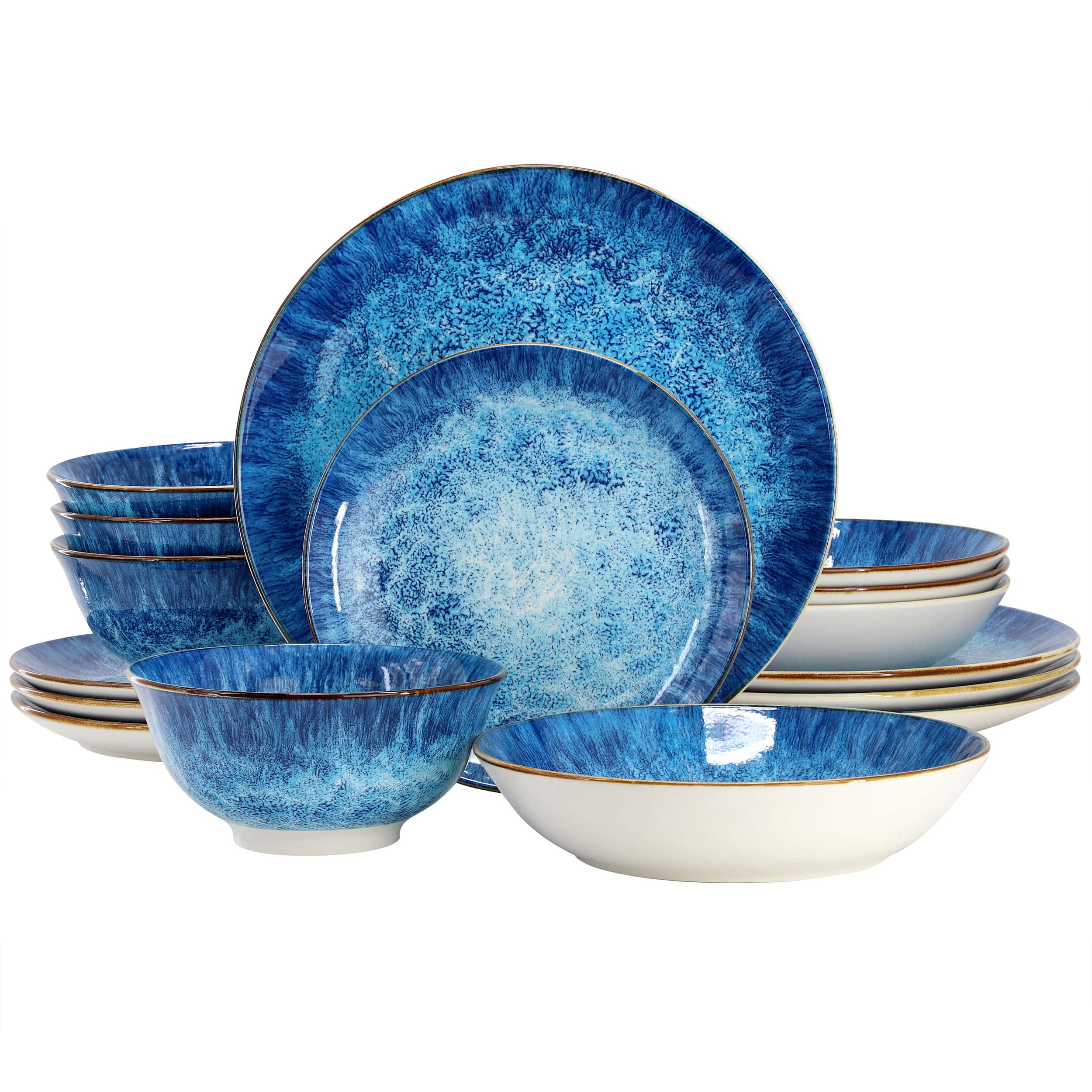 Front. Elama - Elama Oceanus 16 Piece Porcelain Double Bowl Dinnerware Set in Blue - Blue.