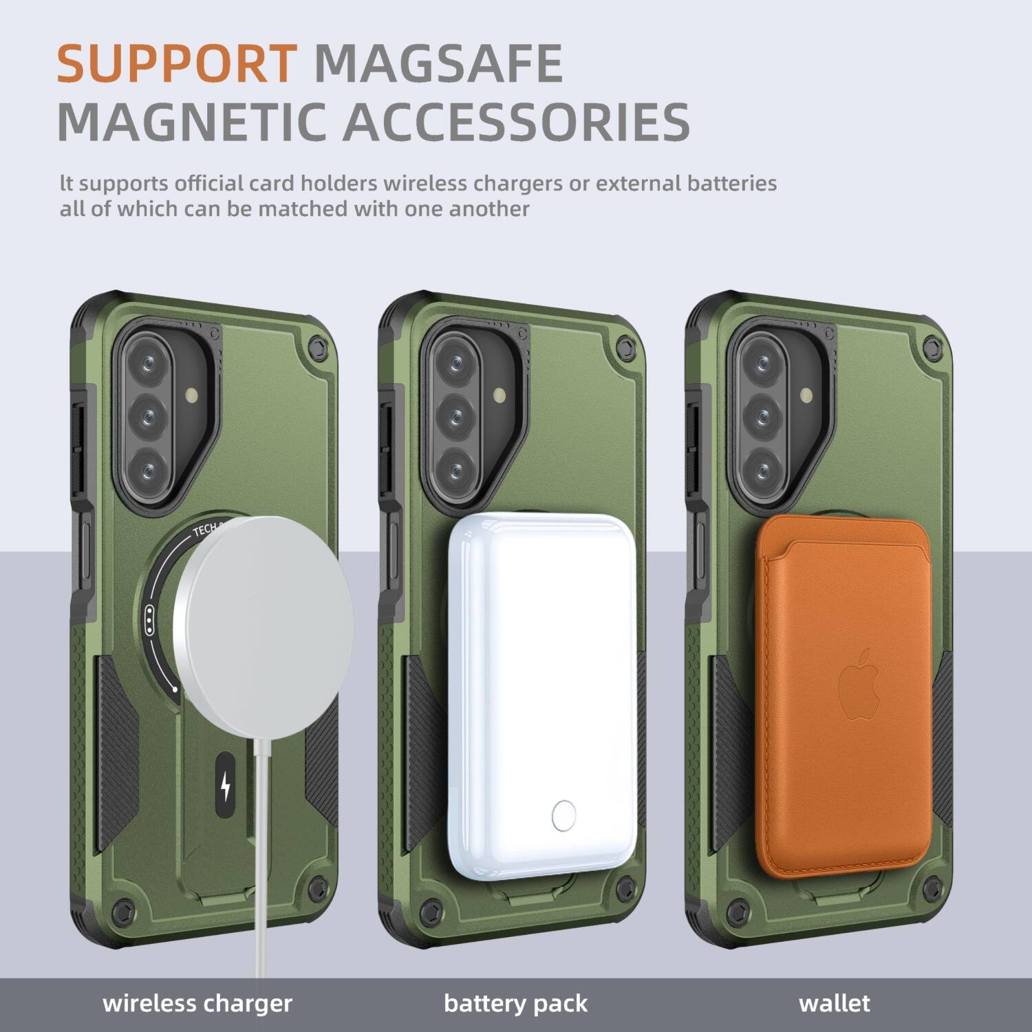 SUPPORT MAGSAFE MAGNETIC ACCESSORIES

It supports official card holders, wireless chargers, or external batteries, all of which can be matched with one another

TECH
wireless charger
battery pack
wallet