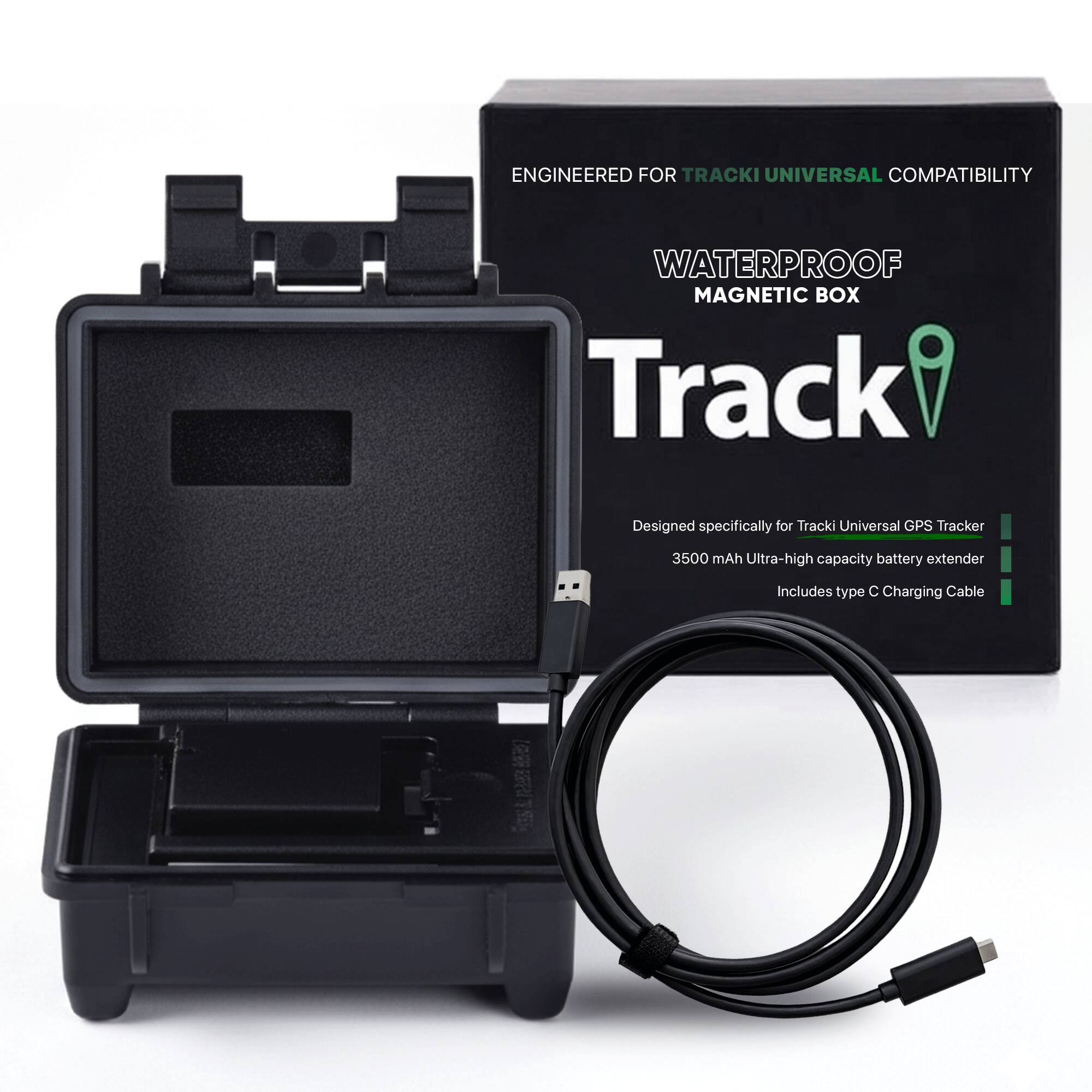 ENGINEERED FOR TRACKI UNIVERSAL COMPATIBILITY

WATERPROOF MAGNETIC BOX
Track

Designed specifically for Tracki Universal GPS Tracker

3500 mAh Ultra-high capacity battery extender

Includes type C Charging Cable