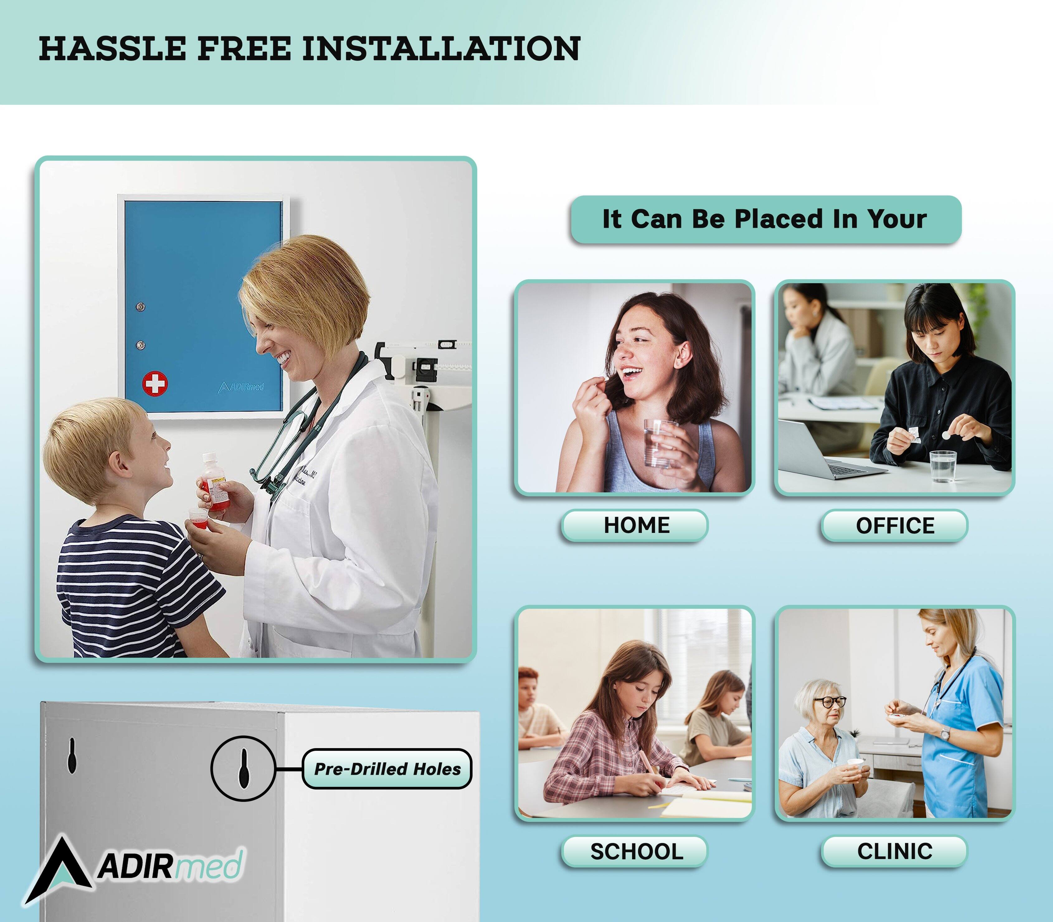 HASSLE FREE INSTALLATION
It Can Be Placed In Your HOME OFFICE SCHOOL CLINIC
Pre-Drilled Holes ADIRmed